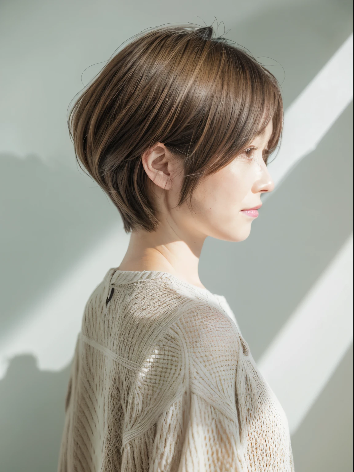 White shirt,Concrete wall with plain background,Light Brown Hair,Realistic skin texture,Slightly rough skin,Cute face,Japanese woman in her 20s,short hair,profile