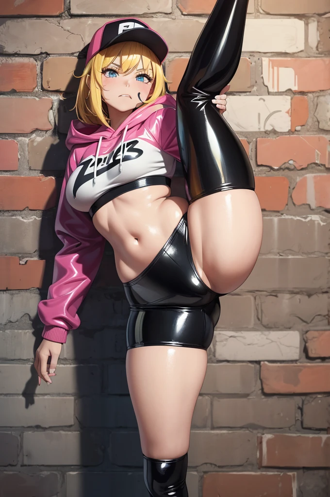 ultra high quality, high defition, masterpiece, 1girl, 17yo, street fashion, medium hair, golden hair, shiny hair, (bubble up chewing gum:1.1), (Baseball caps in many colors), wearing hoodie, ((latex material, shiny material)), curvy thighs, one leg standing, i-shaped balance, standing split, grab one leg, frown, shiny skin, ((graffitied brick wall)),