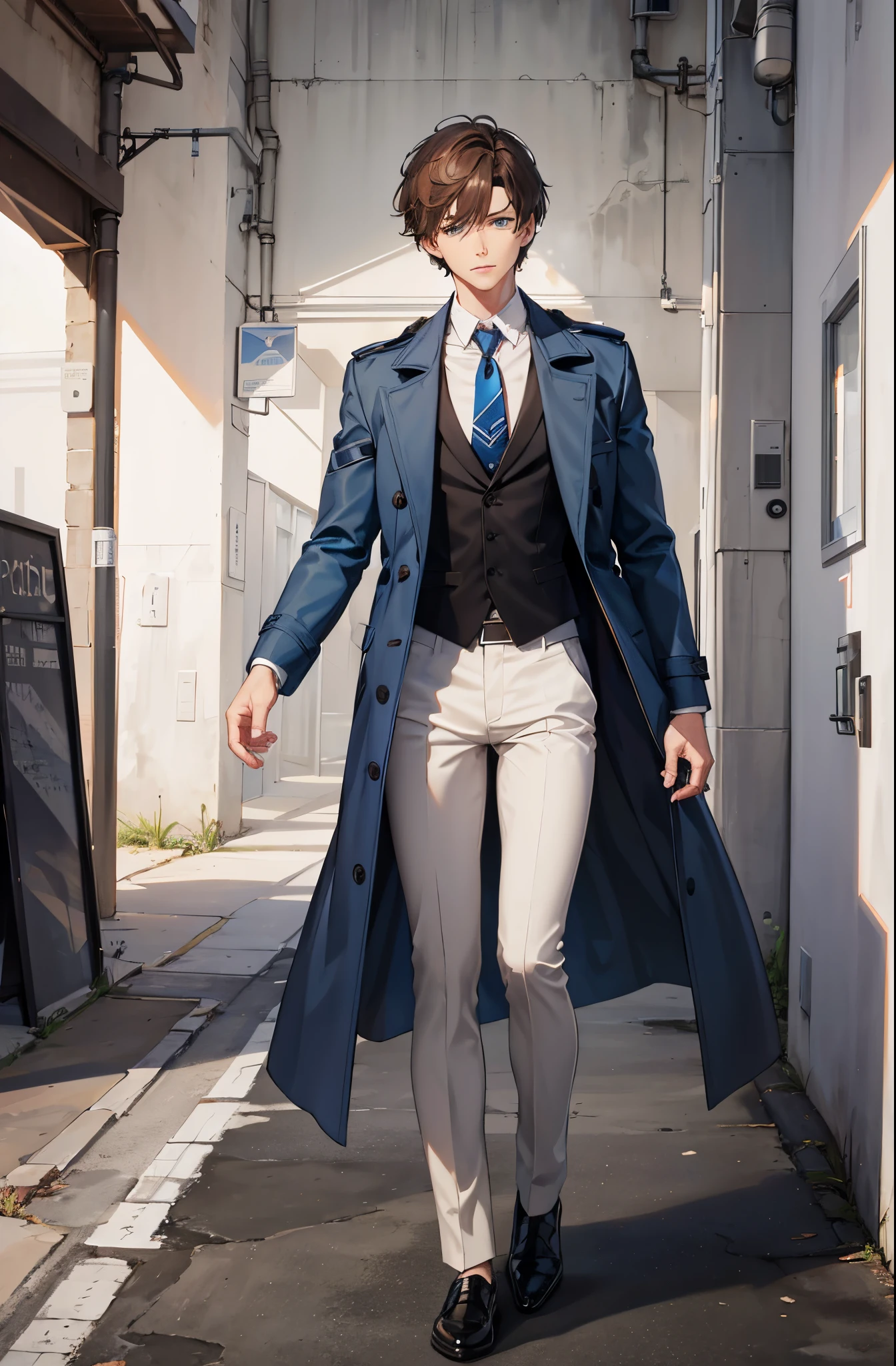 1man, short brown hair, blue eyes, blue trench coat, white pants, black shirt, tie, vest, standing on ground, high res, ultra sharp, 8K, masterpiece