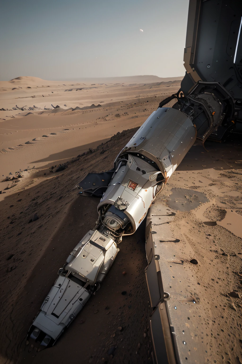 On Mars,Huge cutting-edge robotic arm in flight at work。Metallic glossy texture,Astronauts spread out on the surface of Mars。The picture is bright,droid、starrysky,In the daytime,Explore vehicle details,ultra-wide-angle,viewed from bird's-eye,High realism,lightand shade contrast