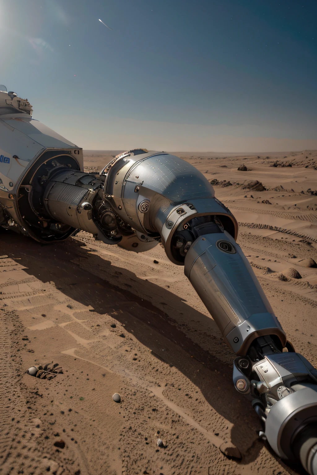 On Mars，Huge cutting-edge robotic arm in flight at work。Metallic glossy texture，Astronauts spread out on the surface of Mars。The picture is bright，droid、starrysky，In the daytime，Explore vehicle details，ultra-wide-angle，viewed from bird's-eye，High realism，lightand shade contrast