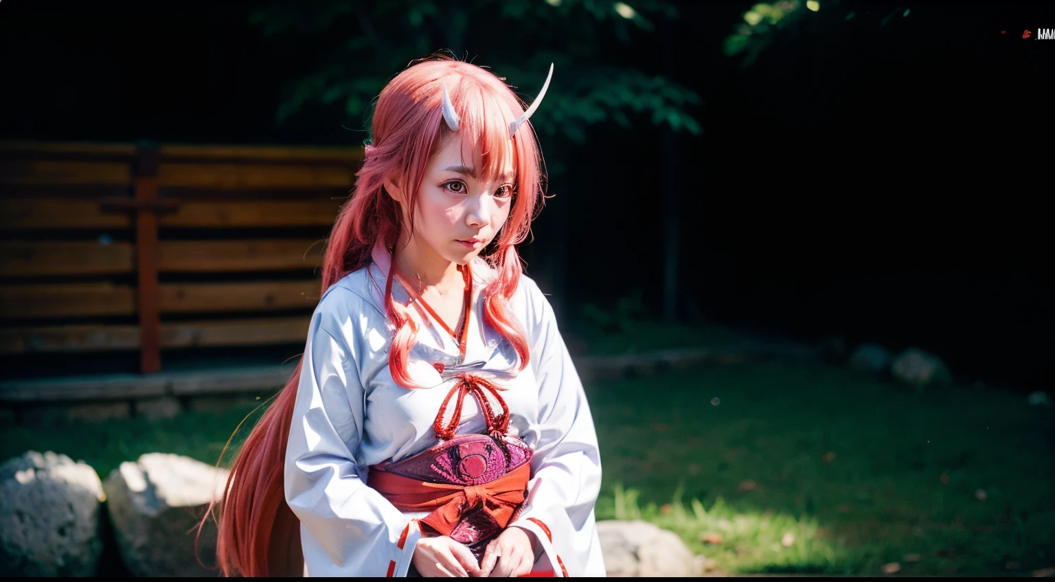 pixel-Shuna as a miko shrine maiden in a red hakama skirt, miko, shrine maiden, 1girl, oni, pink eyes, subtle lighting, backlight, masterpiece, photorealistic, realistic, (RAW photo, 8k uhd, film grain), caustics, subsurface scattering, beauty, extremely beautiful face