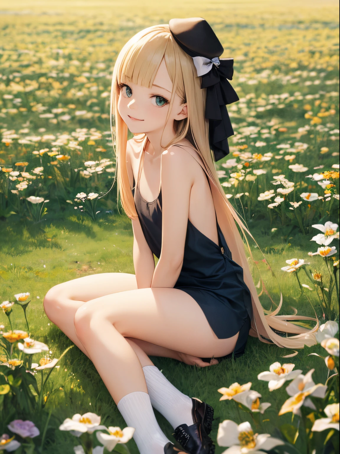 Reines, 1girl, high quality, best quality, illustration, masterpiece, (highly detailed:1.2), (extremely detailed:1.3), flat chest, backless, white sleeveless shirt, 11 years old, petite, ****, in a field, innocent smile, looking at viewer, wearing hat, full body, shoes with white socks