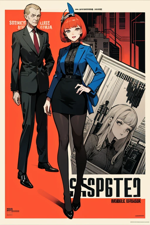 (Masterpiece, Best Quality), 8k Wallpaper, highly detailed, poster, vintage spy film, 1960s, sexy female, lace pantyhose, gun, spy thriller cinematic movie poster, Bauhaus, shapes, lines, abstract, propaganda, mid century modern, movie poster, vintage, coquette, seductive, femme fatale, tall woman