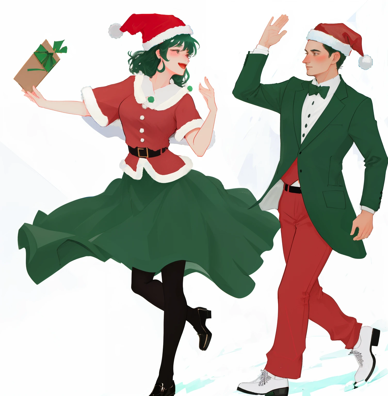 There's a man in a Christmas suit、Man and woman wearing santa hats, Inspired by Jens Ferdinand Willumsen, Inspired by Ambrosius Holbein, Inspired by Osvaldo Vitri, Inspired by Nicolas Eliasson Pinoy, vacation, by Eleanor Hughes, Inspired by Pál Szinyei Merse, done in caravaggio style