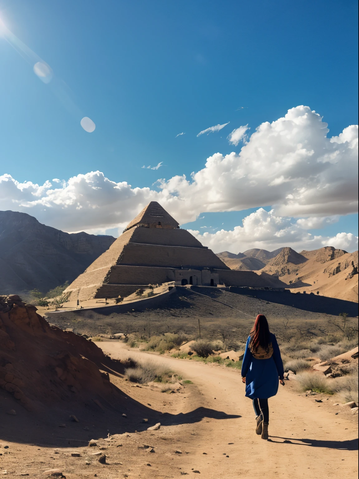 high-definition picture,masutepiece, Illustration, ((A huge military pyramid-shaped fortress made of carved stone that stands on a remote desert land)), Pale blue sky, Sunlight, Nature, (mountainscape), Unsaturated, (Girl in dark blue coat standing in the distance and walking towards the castle), Medium length red hair, Egypt, (Dark dragon with glowing red eyes flying over the fortress)