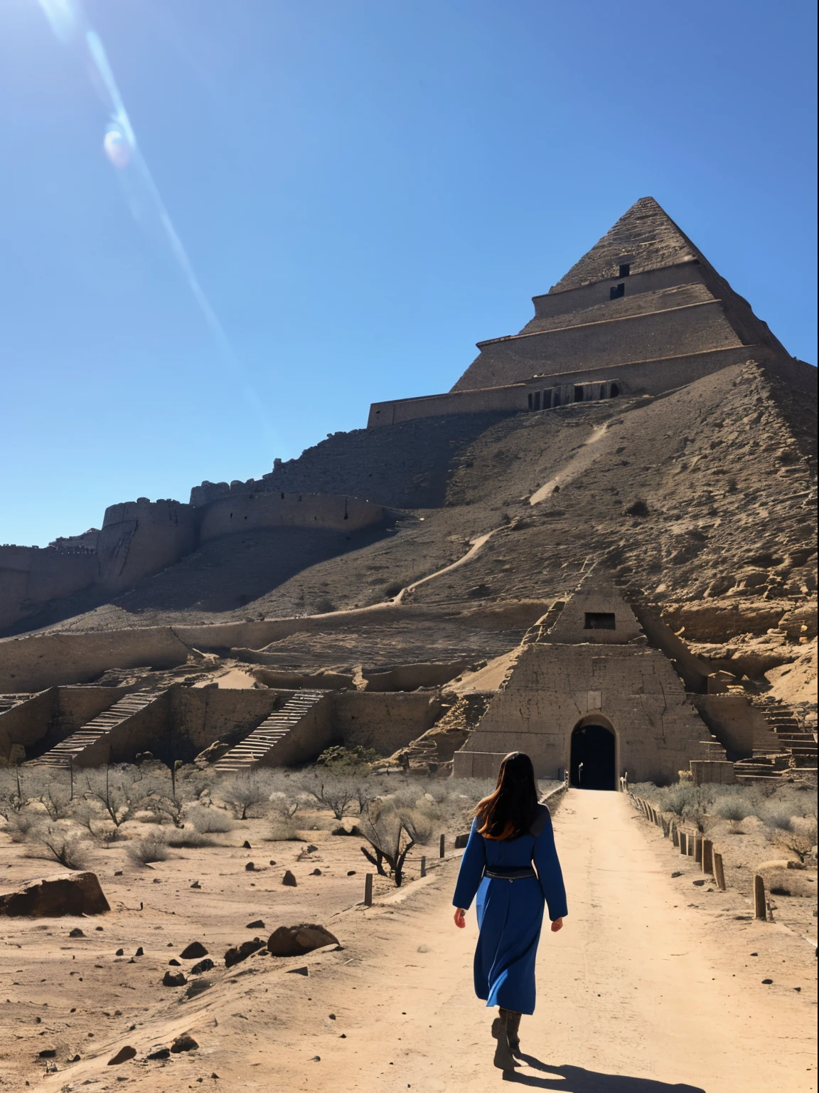 high-definition picture,masutepiece, Illustration, ((A huge military pyramid-shaped fortress made of carved stone that stands on a remote desert land)), Pale blue sky, Sunlight, Nature, (mountainscape), Unsaturated, (Girl in dark blue coat standing in the distance and walking towards the castle), Medium length red hair, Egypt, (Dark dragon with glowing red eyes flying over the fortress)
