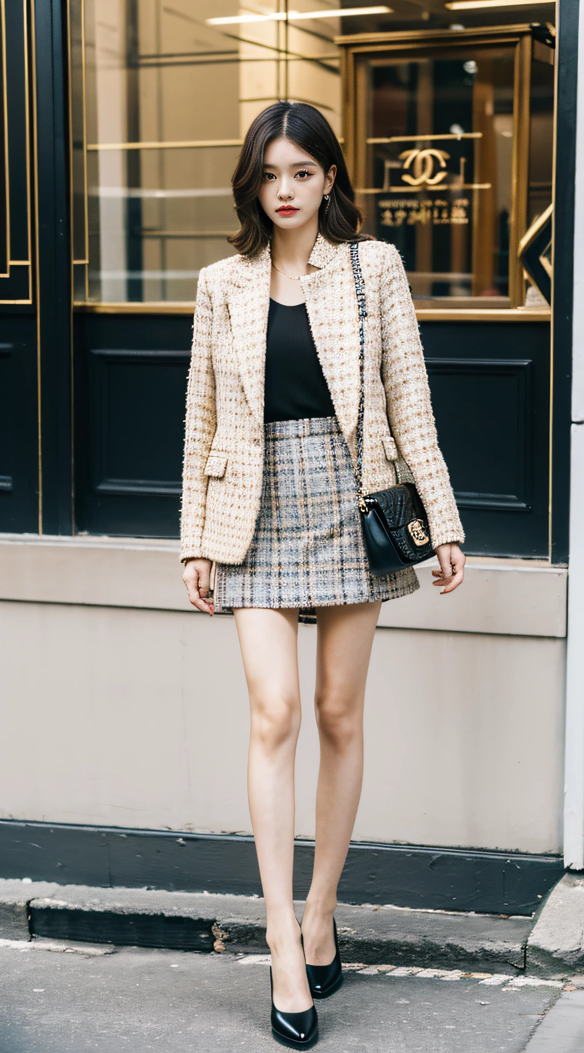 Best quality,tmasterpiece,超高分辨率,(realness:1.4),RAW photos,hyper HD,8K,There is one girl,White fashion clothes,Chanel style,tweed fabric, Stylish white skinny suit, wearing jacket and skirt, Korean fashion model, Bae Xiuzhi, high-class fashion,ellegance, White and black clothes, short skirt and a long jacket, best selling, Light brown,Mary Jane small leather shoes