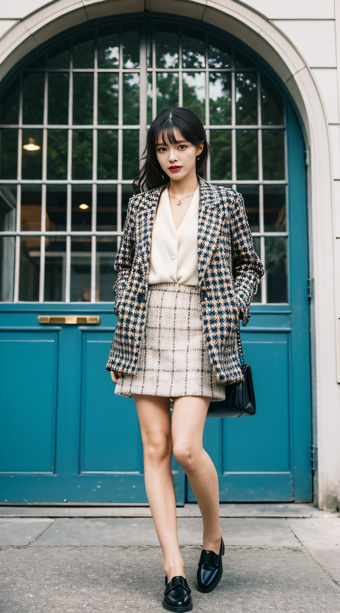 Best quality at best,tmasterpiece,超高分辨率,(realness:1.4),RAW photogr,hyper HD,8K,There is one girl,White fashion clothes,Chanel style,tweed fabric, Stylish white skinny suit, wearing jacket and skirt,high-class fashion,ellegance, White and black clothes, short skirt and a long jacket, best selling, Mary Jane small leather shoes
