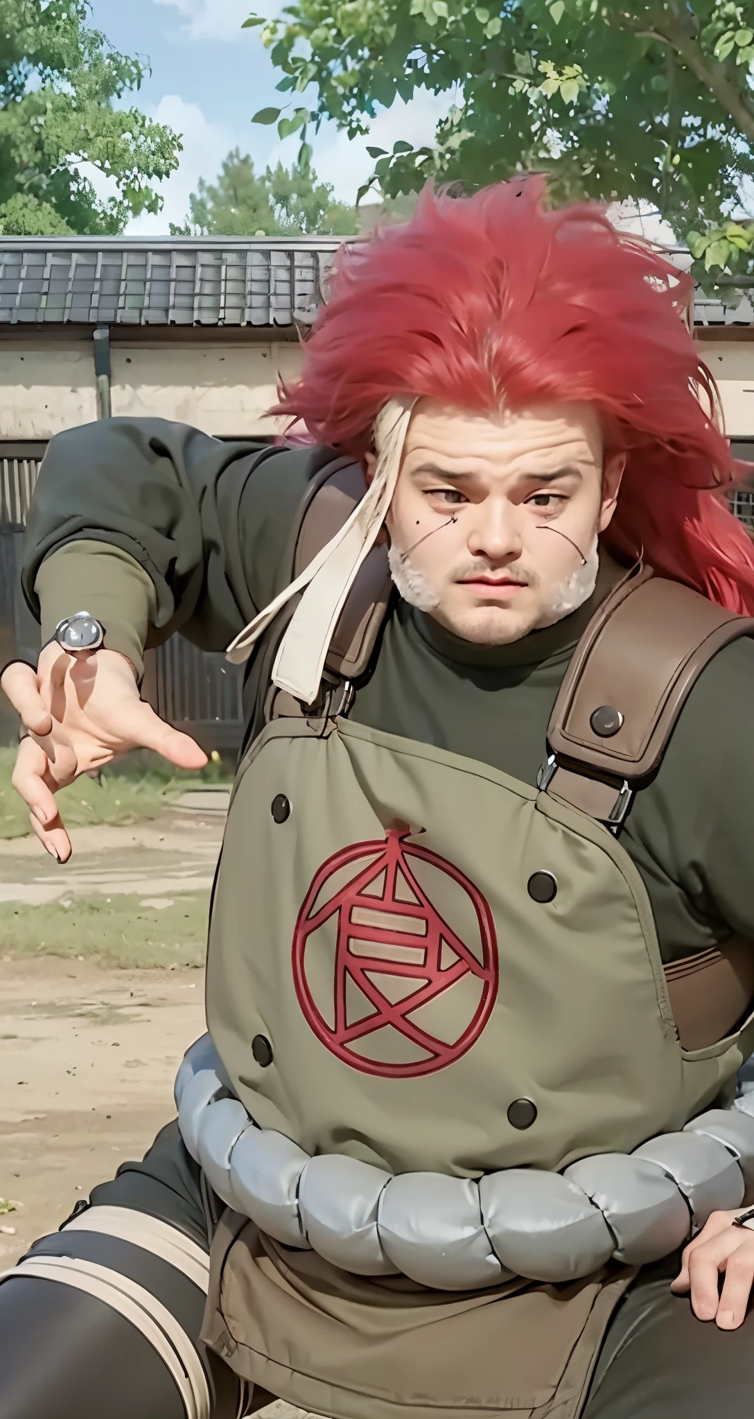 Real life adaption of this character , very adult man face ,chubby ,realistic same hair ,(realistic same outfit), realistic background , realistic light, realistic shadow, realism, hyper realistic,(photorealistic:1.2), normal small eyes