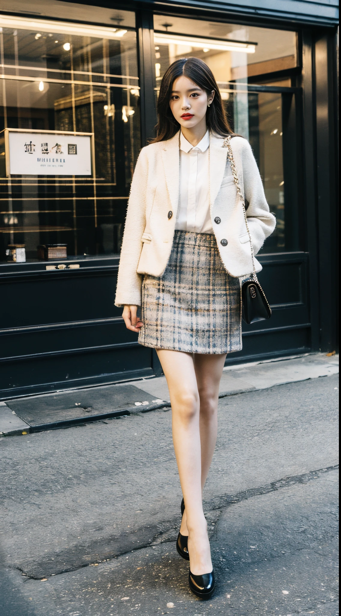 Best quality,tmasterpiece,超高分辨率,(realness:1.4),RAW photos,hyper HD,8K,There is one girl,White fashion clothes,Chanel style,tweed fabric, Stylish white skinny suit, wearing jacket and skirt,high-class fashion,ellegance, White and black clothes, short skirt and a long jacket, Leggings,best selling, Mary Jane small leather shoes