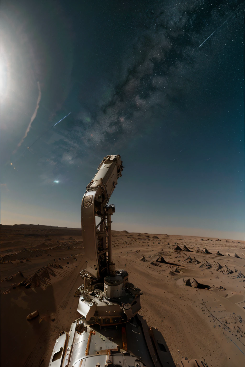 On Mars,Huge cutting-edge robotic arm in flight at work。Metallic glossy texture,Astronauts spread out on the surface of Mars。The picture is bright,droid、starrysky,In the daytime,Explore vehicle details,ultra-wide-angle,viewed from bird's-eye,High realism,lightand shade contrast