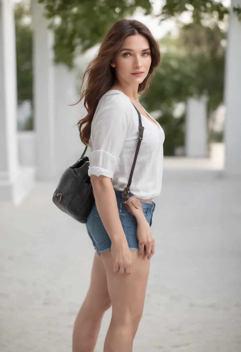 (full body), (standing against a white wall), a 40 year old woman looking into the camera, long wavy hair, detailed beautiful face, slightly smiling, white tee shirt, denim short shorts, athletic legs, cleavage, action shot, empty office background, daytime, photo realistic, CG, art station, masterpiece, HD photography