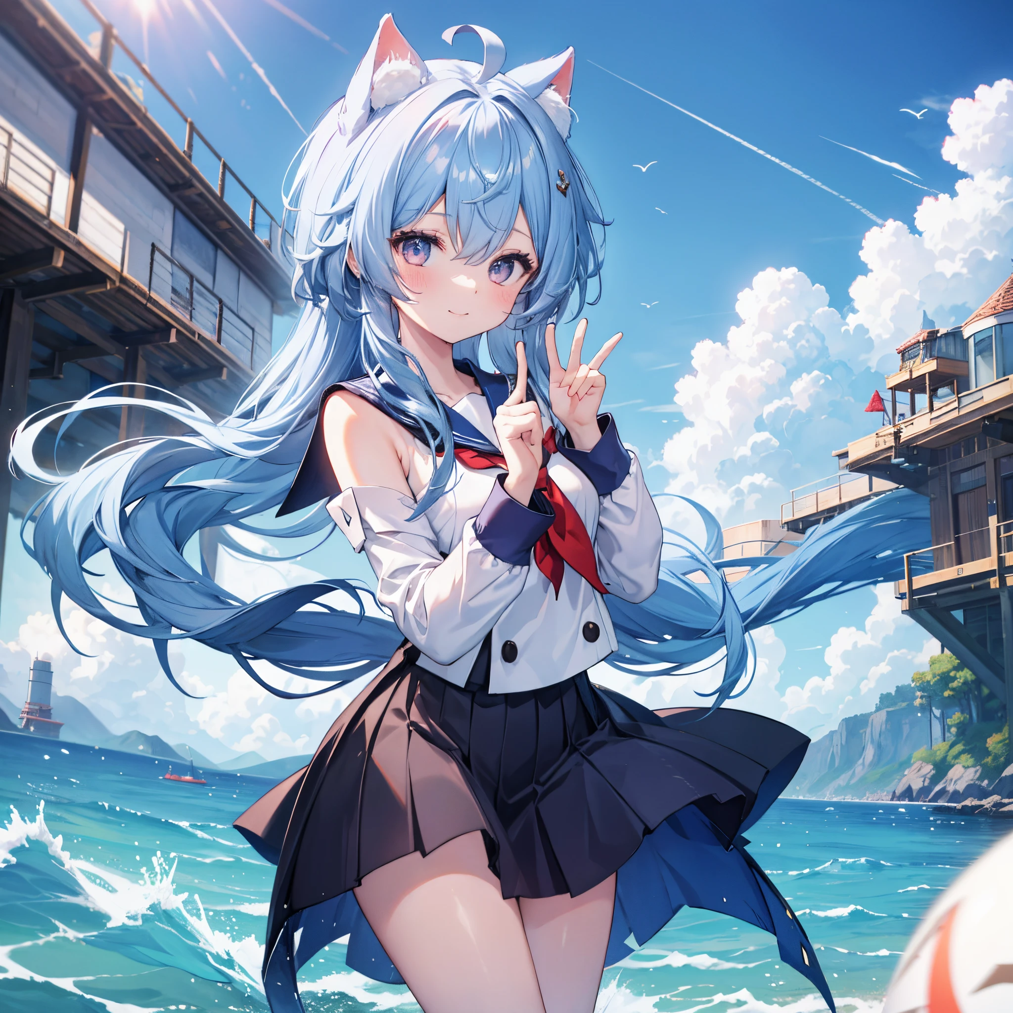 Girl with long hair, greyt hair。Eyes are light blue。Cute smile。standing beside the ocean. She's cute, There are cat ears on the head。her hair is blowing in the wind, And she&#39;i&#39;Me in a school sailor suit, with sleeves rolled up. She is beautiful, Sweet smile on her face, When I pull up my sailor suit, I can see her small breasts.. her thighs are so beautiful, Stir up the atmosphere. The girl is playfully making a peace sign with her hands. Images are of the highest quality, at 8K resolution, Capture every detail of the girl and her surroundings. The colors in the image are vivid, Lighting emphasizes the beauty and overall composition of the girl。.