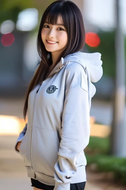 1 beautiful young girl, Super beautiful detailed face, Smile shyly, deep understanding:0.8), (oversized full zip hoodie:1.3), (shorter pants), (kneehigh boots), hime cut hair, (delicated face:1.2), high qulity, actual, extremely detaild的 CG unified 8k wallpapers, The is very detailed, High-definition RAW color photo, professional photoshooting, Realistic portraits, 电影灯光, Beautifully meticulous, super detailing, high detal, (((bokeh))), depth of fields, illuminating, rainbow, The same person, fleshy feeling, Take a sideways selfie