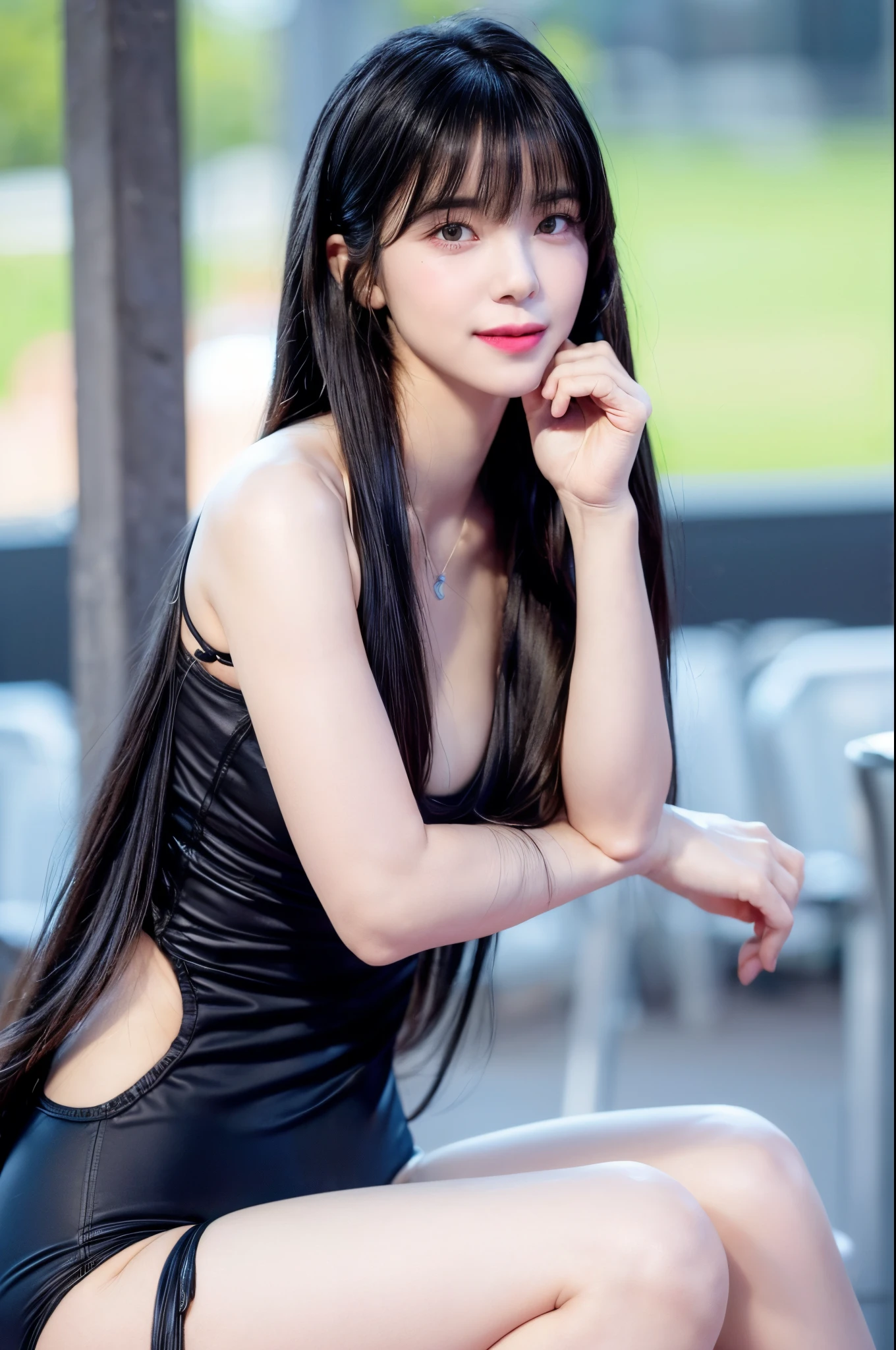 1girll, (Original photo, Best quality), (((Shallow depth of field))), (Realistic medium size, Photographic realism: 1.6), Masterpiece, an extremely delicate and beautiful one, Extremely detailed, CG, uniform, 2k wallpapers, Stunning appearance, Fine details, Girly skin,subtle smiling, Extremely detailed CG uniform 8k wallpaper,Super super detailed, Super high resolution , Absurd, Soft lighting Next, (((Long hair : 1.3), short length bangs, Jet black hair, Floating hair NovaFrogStyle)), Beautiful detailed girl, Big breasts,Ultra-fine fingers,Perfect Finger,with perfect arms, Extremely detailed eyes and face, Beautifully detailed nose, Beautifully detailed eyes, Longer eyelashes, light in face, Audience, (Closed mouth: 1.2), Grow long hair, ((Lovely Medium Breast)), Young age, Mature face, (full bodyesbian: 1.3), ((Raised sexy)), Realistic Facial Expression, Realistic body, Slim body proportions,Place one hand behind your back, Beautiful slender thighs, Legs spread,The skin is delicate and smooth,(plumw),(fleshy feeling),(Anterior convex and posterior),Perfect ,NSFW:1.5,swimsuit,Facing the audience