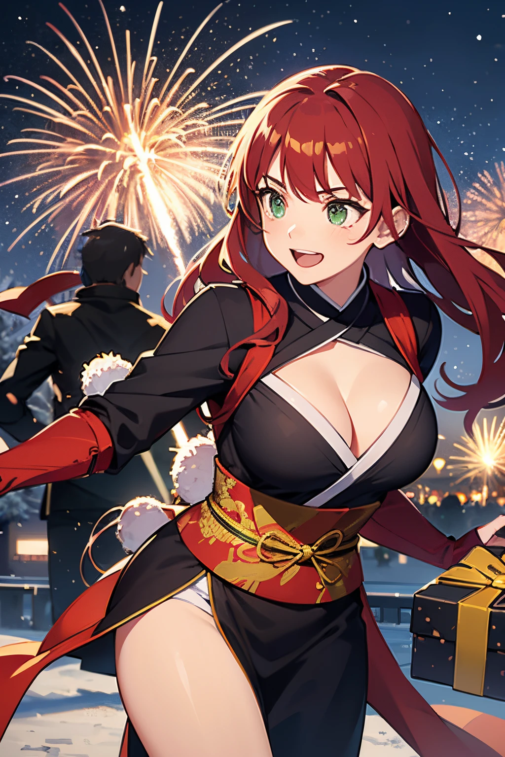 (best quality,realistic),beautiful young ninja woman,soft green eyes,long wavy red hair,beautiful perfect breasts,Ninjutsu Style,spreading Christmas joy,festive atmosphere,traditional ninja outfit,sharp katana sword,gift-wrapped presents,decorated Christmas tree,snowy background,happy smile,flying ninja stars,colorful fireworks,glowing lanterns,mystical ninja scrolls,dim candlelight,blossoming cherry blossoms,pure white snowflakes,brilliant fireworks display,dazzling light effects,energetic and dynamic pose,stealthy ninja movements,vivid and vibrant colors,intricate ninja training,serene and peaceful ambiance,sparkling festive decorations,strong and graceful presence,celebratory atmosphere,fierce and agile actions,stormy winter night,playful and mischievous expressions,calm and composed demeanor,shadowy figures,remarkable agility and strength.