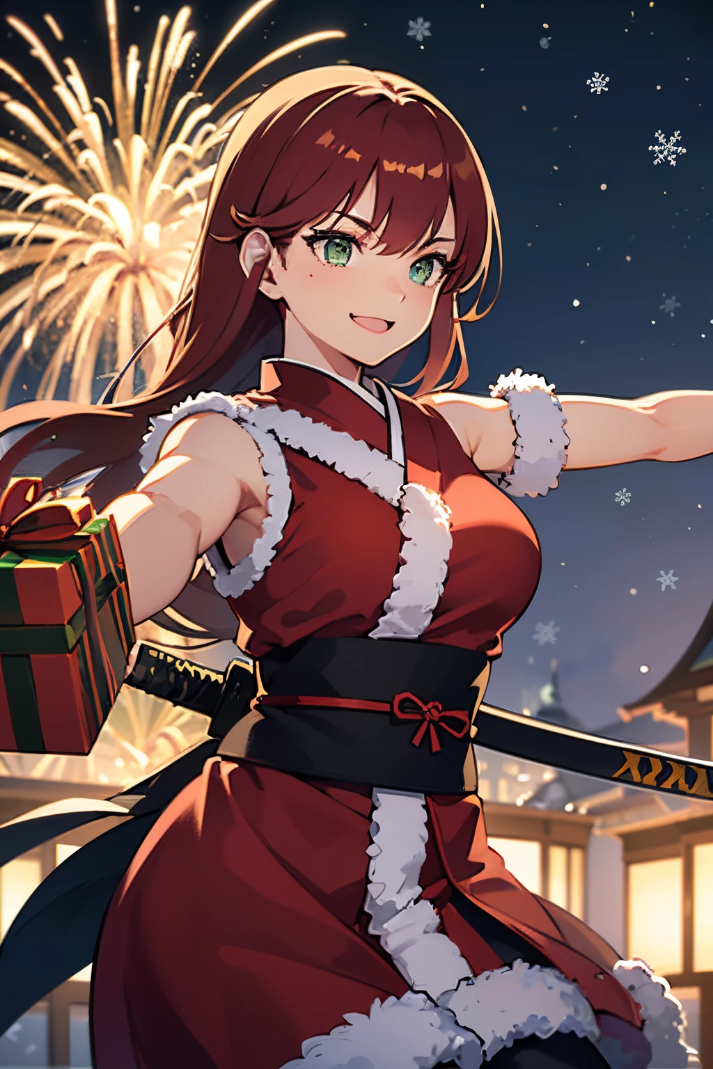 (best quality,realistic),beautiful young ninja woman,soft green eyes,long wavy red hair,beautiful perfect breasts,Ninjutsu Style,spreading Christmas joy,festive atmosphere,traditional ninja outfit,sharp katana sword,gift-wrapped presents,decorated Christmas tree,snowy background,happy smile,flying ninja stars,colorful fireworks,glowing lanterns,mystical ninja scrolls,dim candlelight,blossoming cherry blossoms,pure white snowflakes,brilliant fireworks display,dazzling light effects,energetic and dynamic pose,stealthy ninja movements,vivid and vibrant colors,intricate ninja training,serene and peaceful ambiance,sparkling festive decorations,strong and graceful presence,celebratory atmosphere,fierce and agile actions,stormy winter night,playful and mischievous expressions,calm and composed demeanor,shadowy figures,remarkable agility and strength.