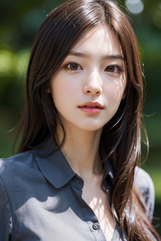 Photorealistic, masutepiece, Best Quality, Raw photo, 1girl in, Solo, Long hair, Brown hair, Detailed face, alluring face, Collared shirt, medium breasts, Dynamic Pose, Looking at Viewer, From below, Detailed background, fine detailed, intricate detailes, Ray tracing, depth of fields, lowkey, nffsw
