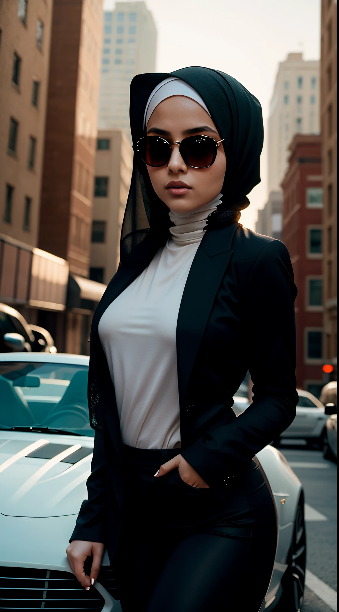 (masterpiece:1.2, best quality), 8k,Sharp focus, 1 cool adult woman in hijab posing in a sports car, long and messy hijab, Wearing sunglasses, Wearing a black suit with a white shirt and tie,Dynamic pose, Night city background with beautiful lighting, bokeh,