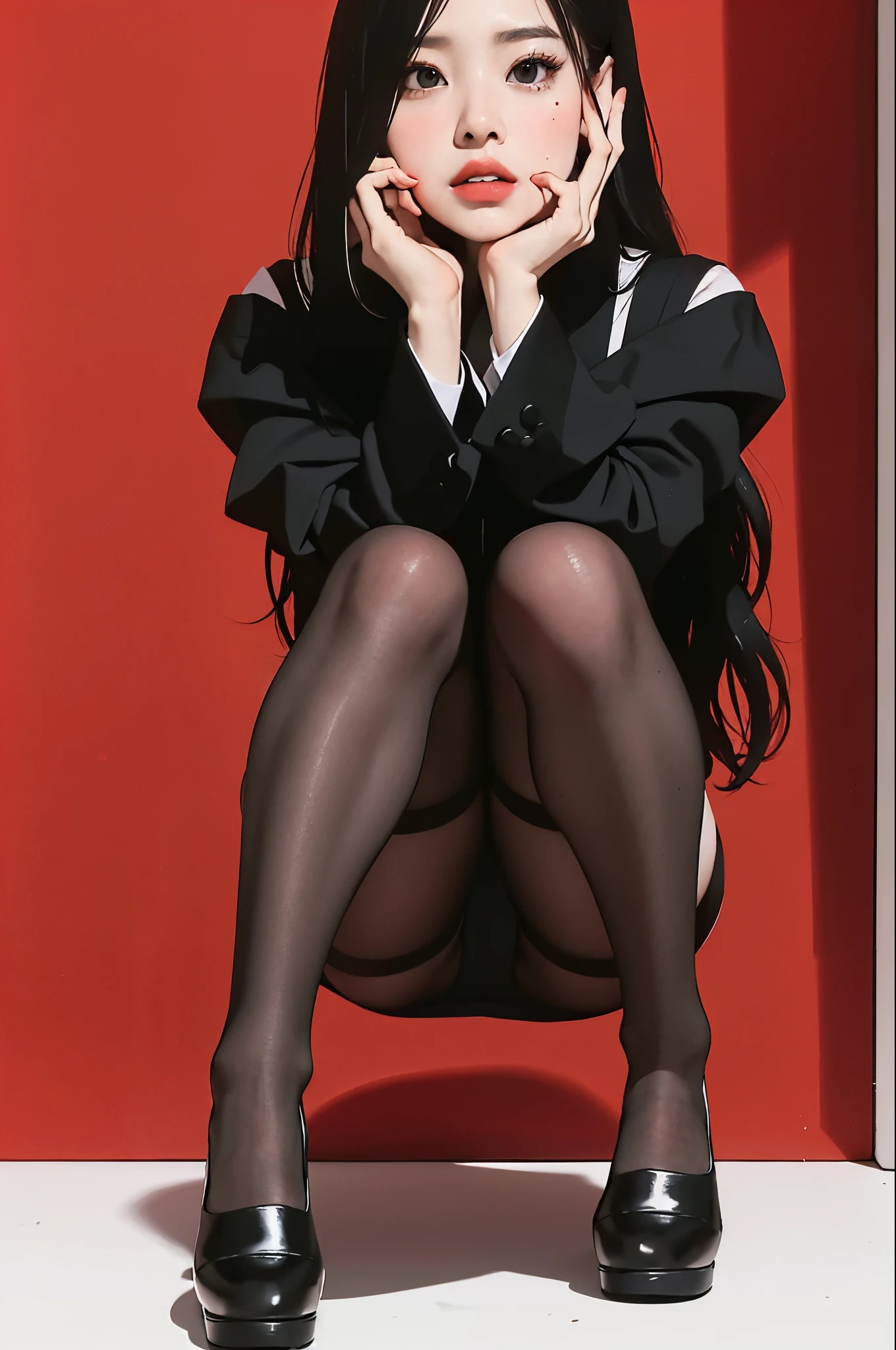 Polaroid black tone discreet film, masterpiece, best quality, office girl, heels, red background,