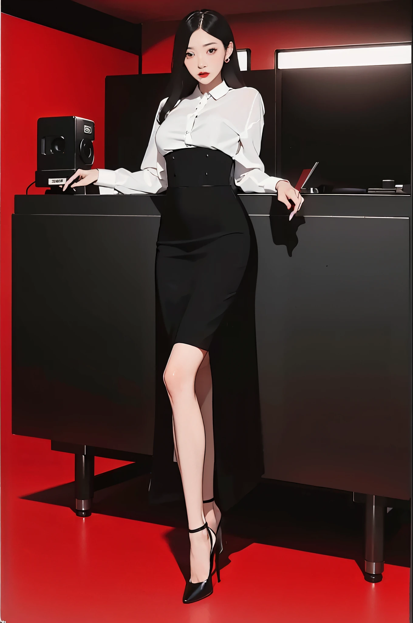 Polaroid black tone discreet film, masterpiece, best quality, office girl, heels, red background,