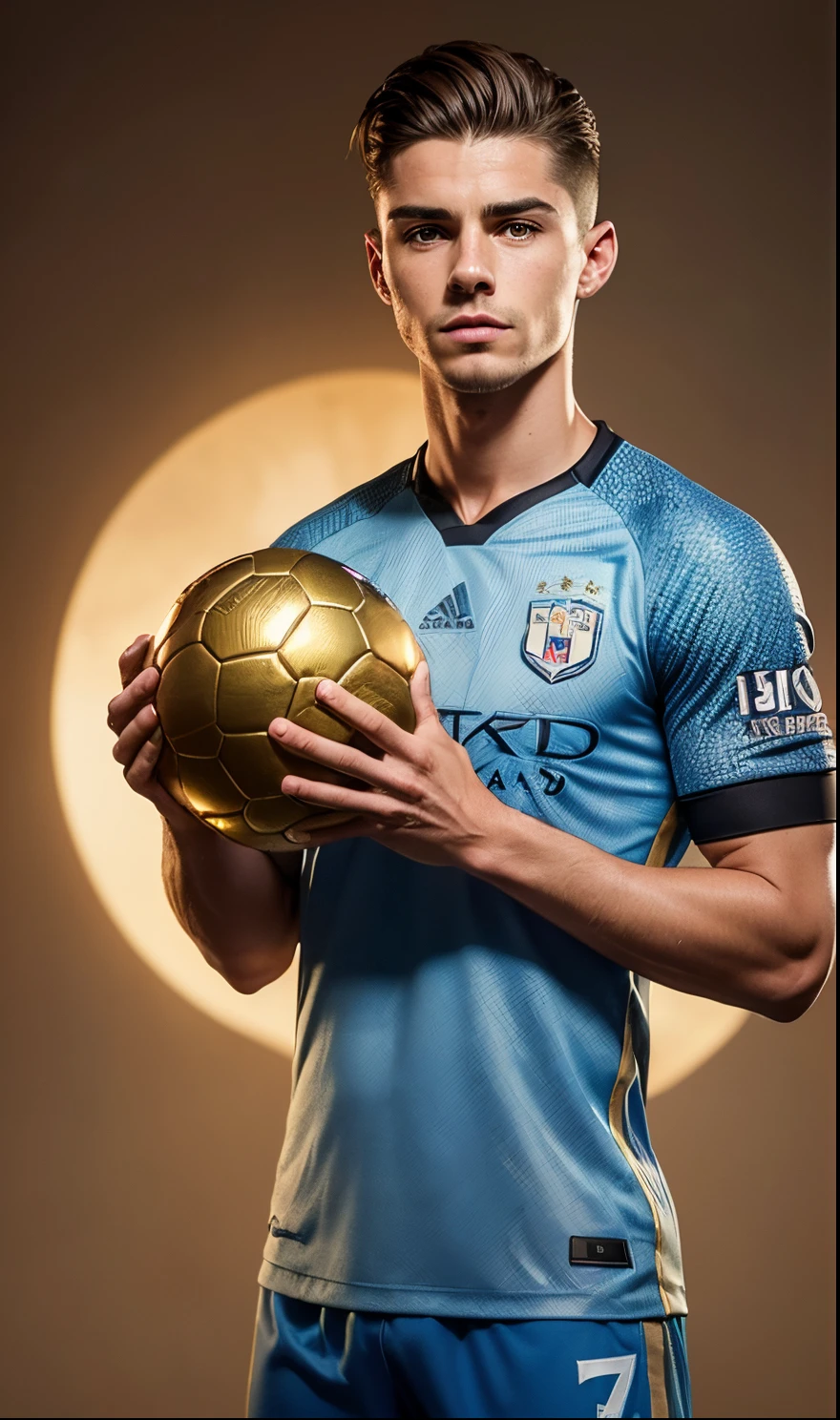 Grealish Manchester city .(8k, RAW photo, best quality, masterpiece: 1.2), (intricate details), perfect eyes, brown perfect face, perfect lighting, beautiful, (masterpiece: 1.2 ), (best quality: 1.2), 1 Player holding a golden Ballon d'Or from France footboll alone, brown hair ((, adult torso,, slight smile., 3DMM image in very high quality.