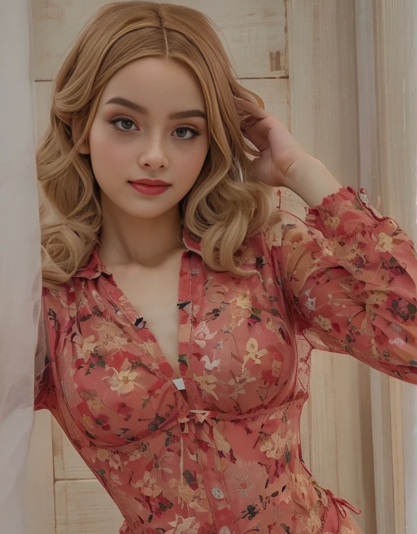 (best quality, 8k, masterpiece, ultra-detailed),vintage colors,woman 25 years-old pin-up,blonde straight hair,bangs,beautiful detailed face, big eyelashes,ponytail,little smile,jewerly,((((summer dres printeded)))),garter belts,photographic studio scenario