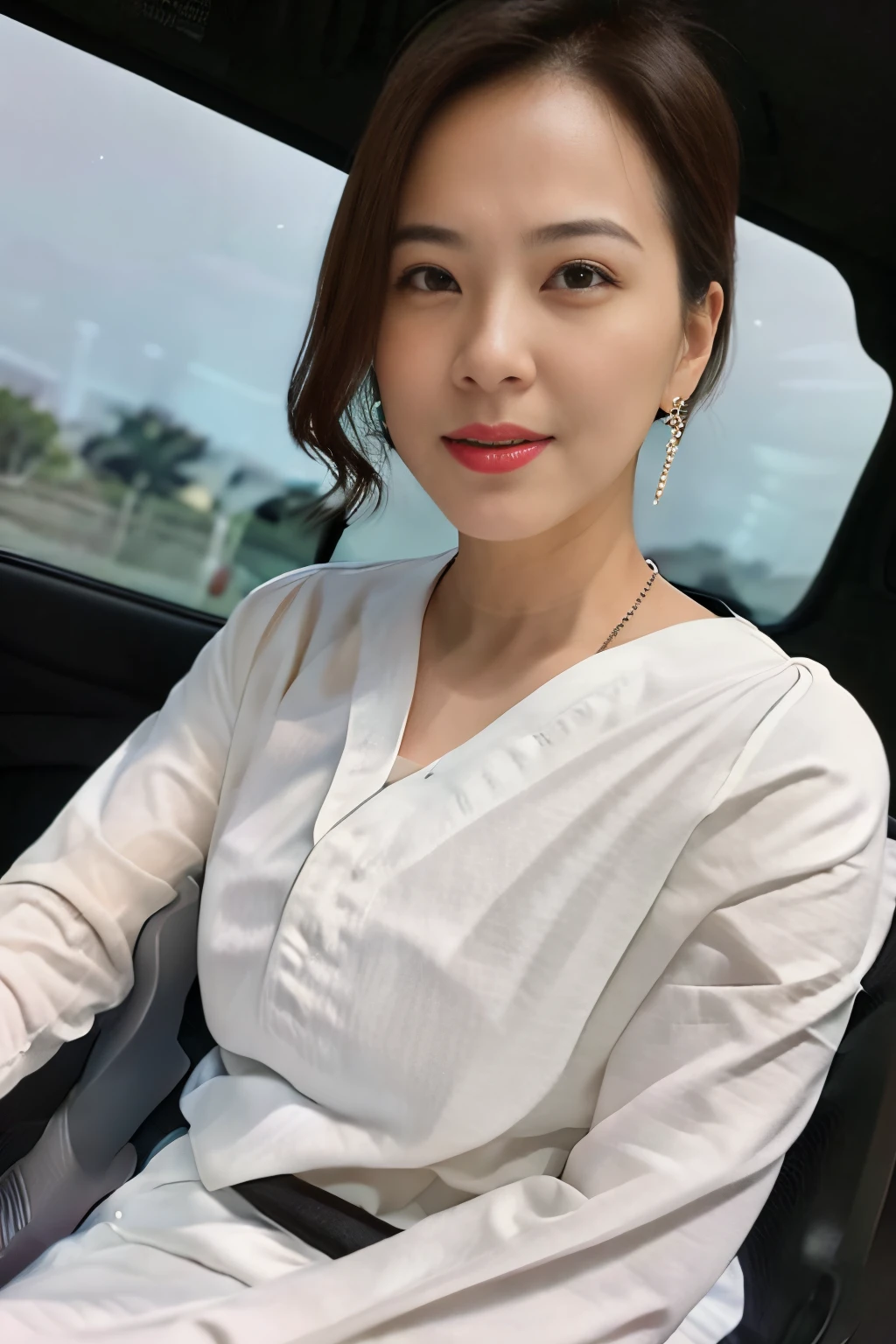 suyanpei, 1girl, solo, jewelry, earrings, realistic, photography,masterpiece, best quality,8k,HDR,RAW photo,highres,(absurdres:1),Kodak Portra 400,film grain,(vibrant color),(high sharpness)(realistic, photo realistic:1), ((best quality)),natural light, (finally detailed face:1), (masterpiece:1), (best quality:1),intricate details, a woman in a white shirt is sitting in a car,