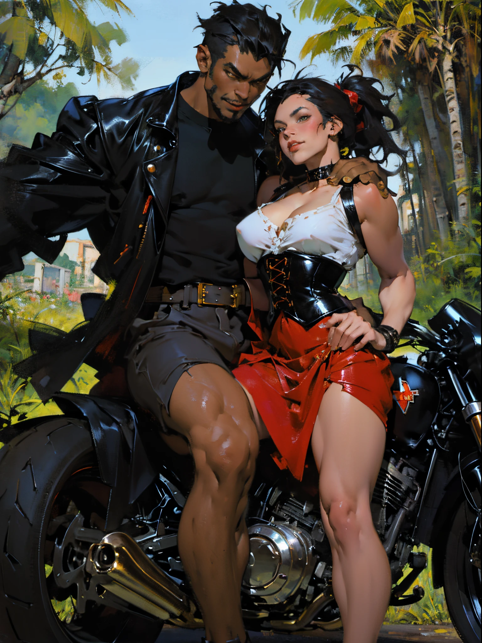 Confident cyberpunk werewolf(Huge black humanoid wolf), ((Stand in front of the motorcycle)), ((Ride on a Harley motorcycle)),Little Red Riding Hood is sitting in the back seat,absurderes,(Girls wear:redhood, capes, Big breasts corset, a skirt, red long skirt,laced dress,Carrying a basket of fruit),(werewolf wear:Popular costumes in Harajuku style,)Popular costumes in Harajuku style,Background with:Jungle paths,freeway,There are dense woods beside the road,,((Sexual suggestiveness)),Correct anatomy,Detailed face, Detailed eyes,(post impressionist),(Fechin Oil Painting - Fechin Oil Painting , oil painted), 04