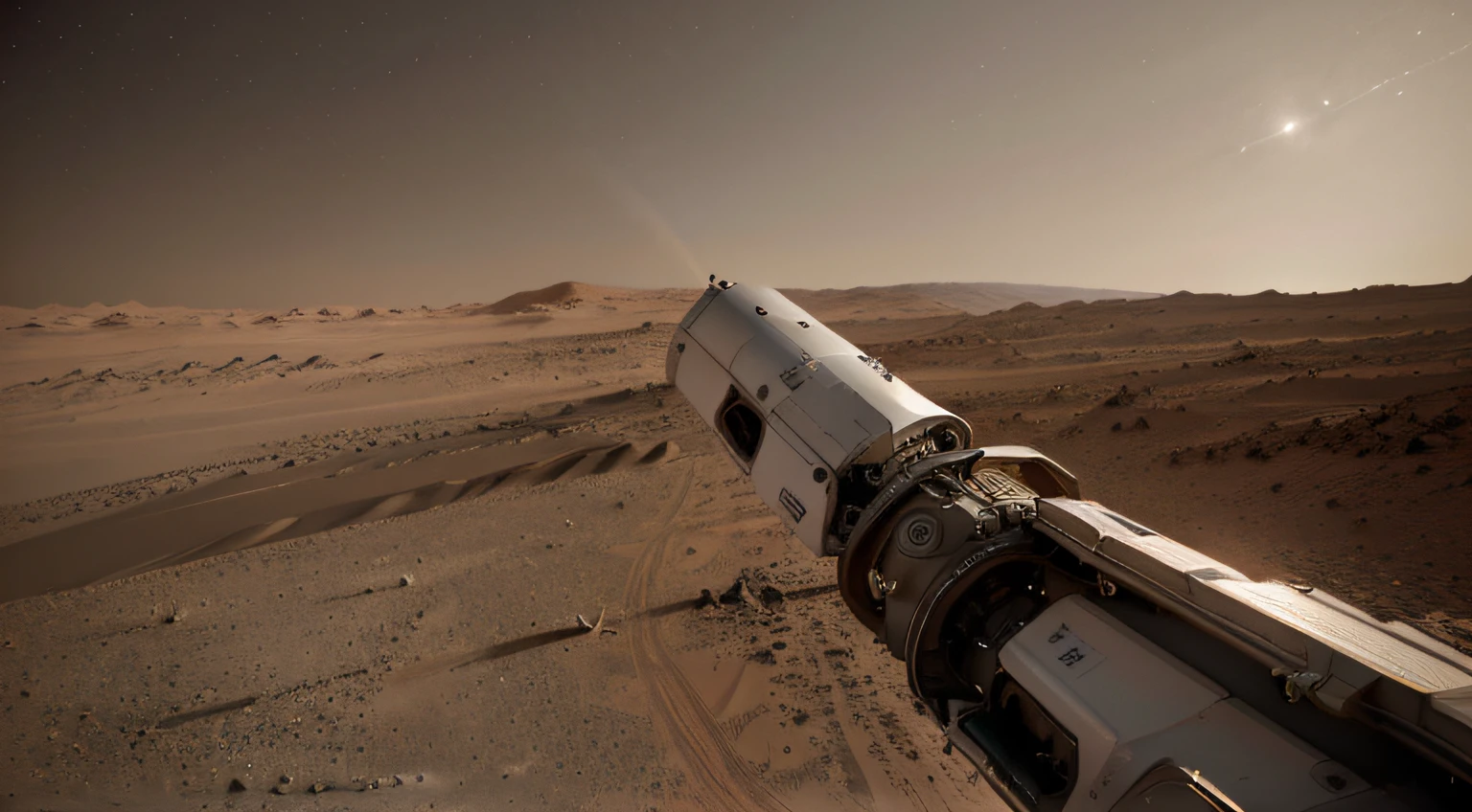 On Mars,Huge cutting-edge robotic arm in flight at work。Metallic glossy texture,Astronauts spread out on the surface of Mars。The picture is bright,droid、starrysky,In the daytime,Explore vehicle details,ultra-wide-angle,viewed from bird's-eye,High realism,lightand shade contrast