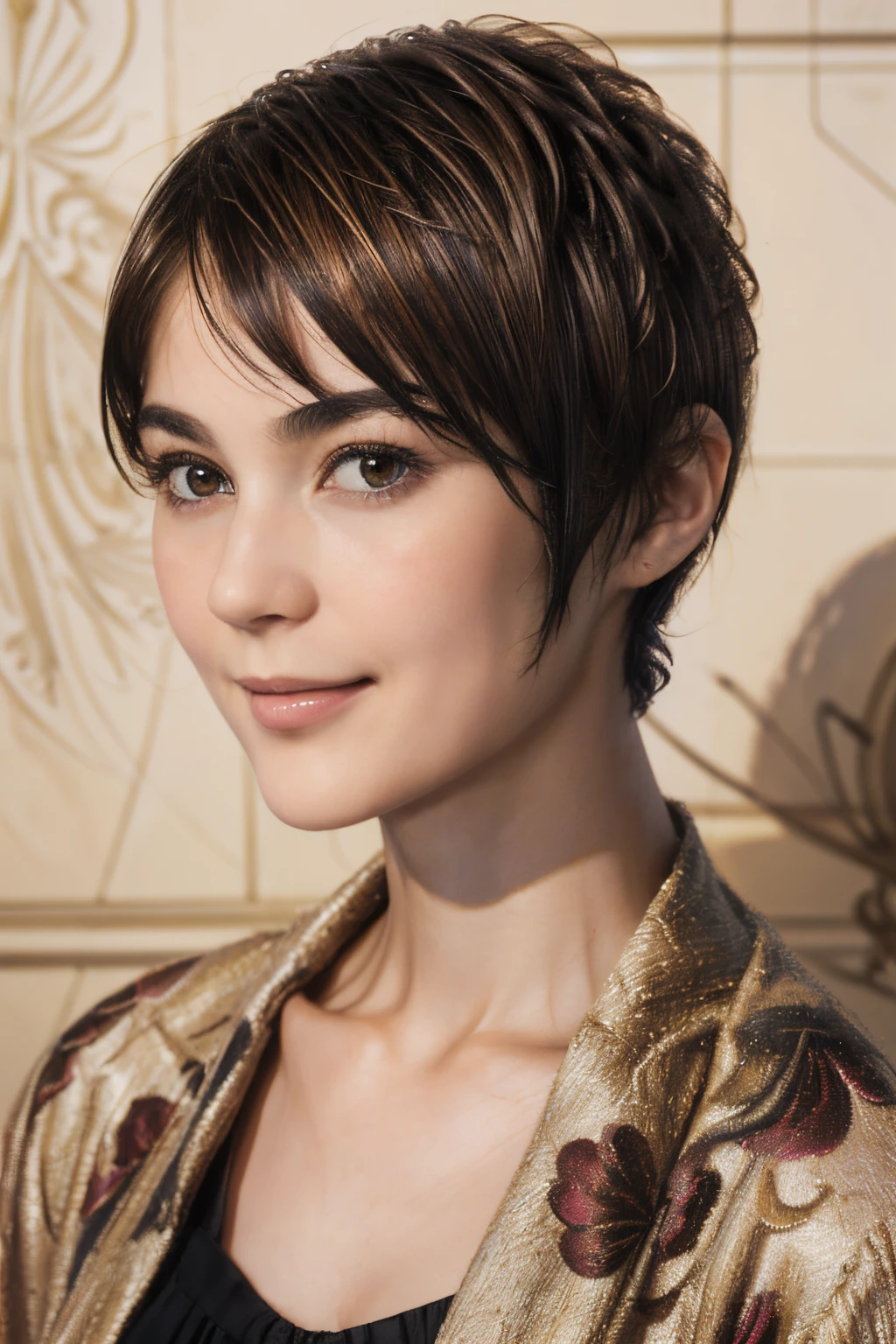 103
(a 20 yo woman,is standing), (A hyper-realistic), (high-level image quality), ((beautiful hairstyle 46)), ((short-hair:1.46)), (Gentle smile), (Keep your mouth shut), (trompe l'oeil), ((trickart:1.46))