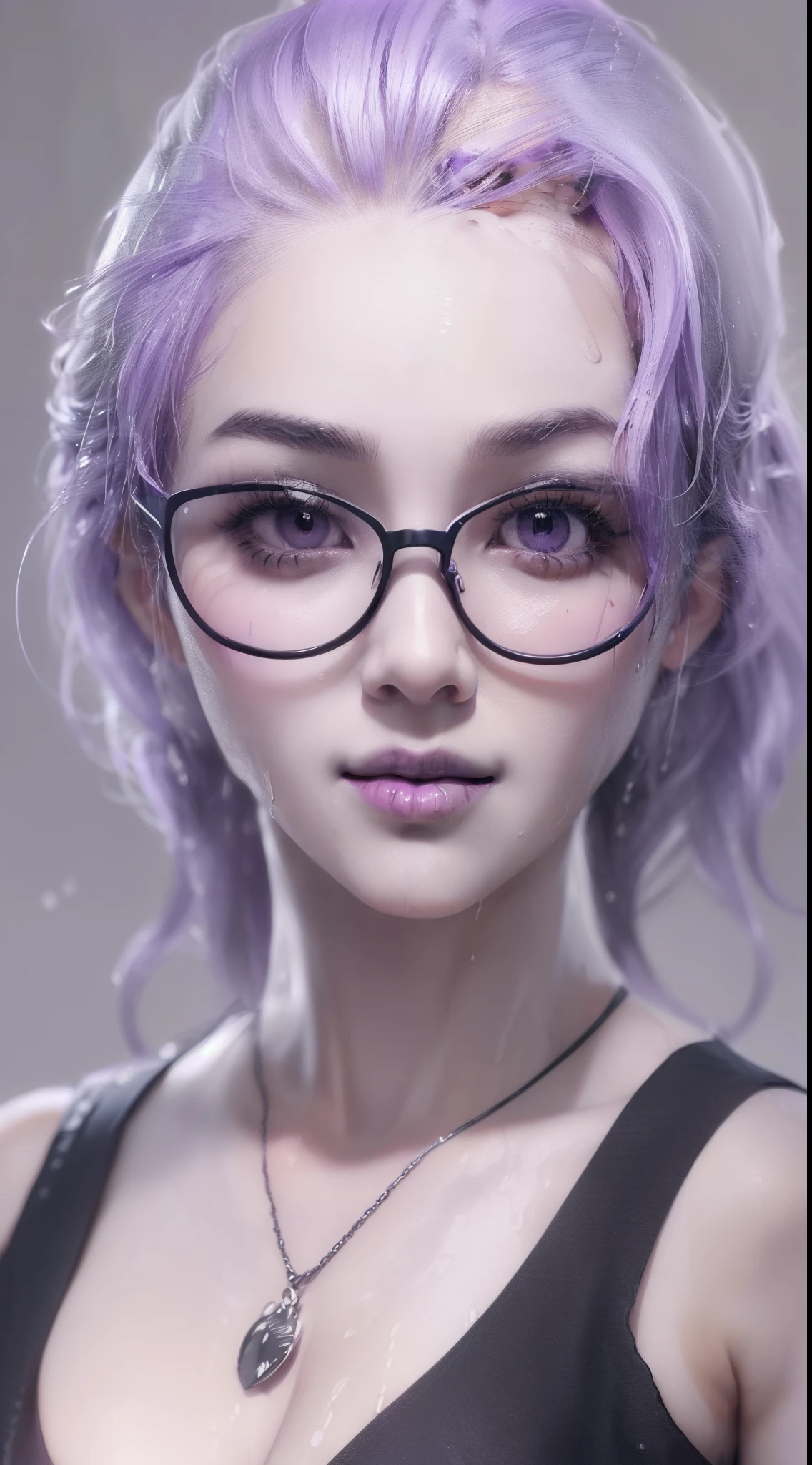 ((Very nice woman completely undressed)), ((in black open shirt: 1.5)), ((underwear), 40k, photography, masterpiece, best quality, gray background, ((purple eyes)), (purple hair), she wears glasses on her beautiful face, white skin, in a variety of poses, ((medium chest :1.4)), ((Very soft breasts)), malaysian face, Ultra-detailed face, Detailed eyes, ((( she is wet)))