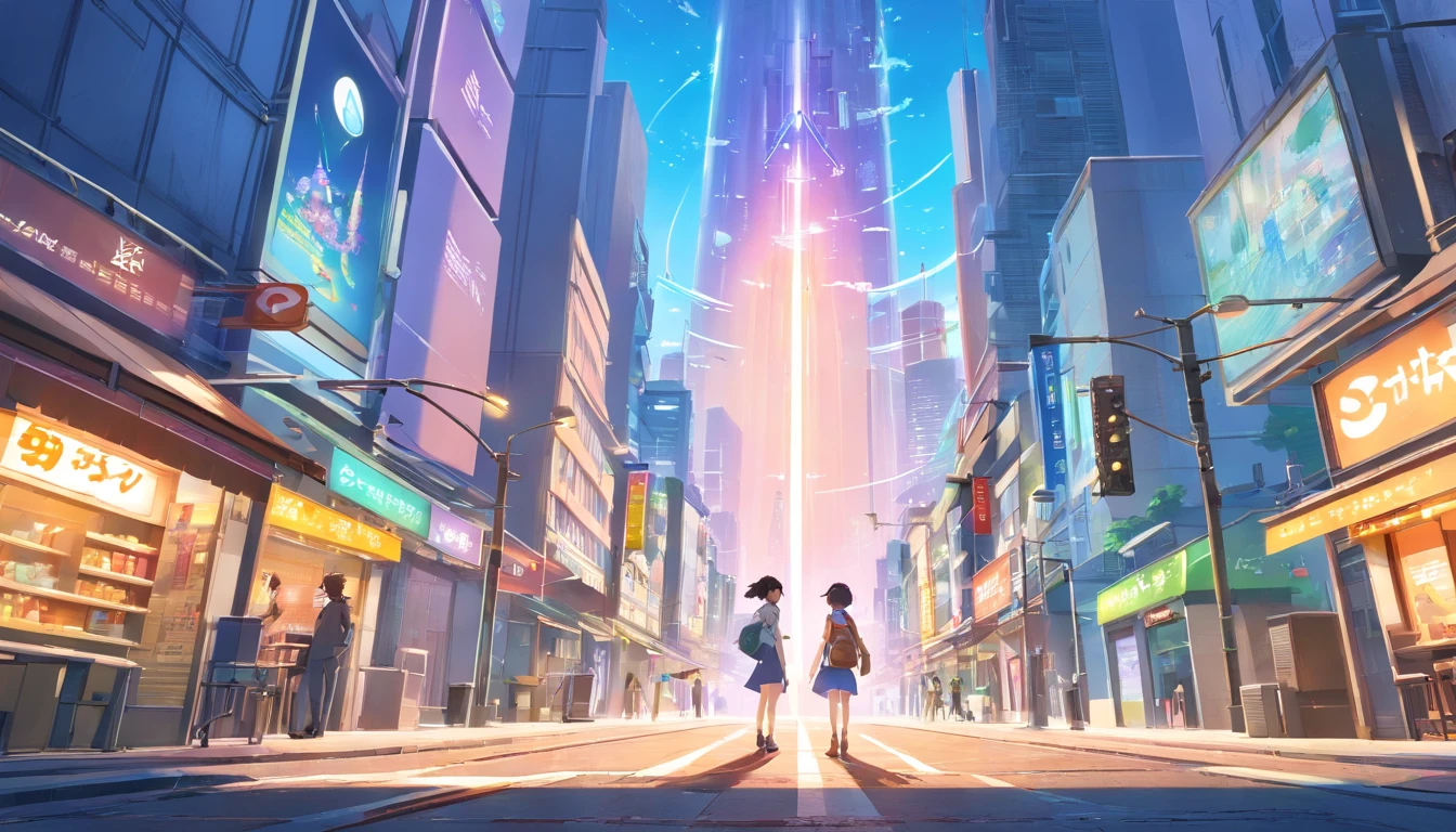 This is a high-resolution, ultra-detailed masterpiece with a touch of watercolor painting, featuring a young and energetic woman in her 20s who wears a trendy skirt and carries no weapons. Next to her is a unique mascot character who is an anthropomorphic animal. They are set in the vibrant, futuristic environment of a Japanese city park, combining natural elements with advanced technology. The park is filled with urban nature seamlessly integrated with interactive digital installations, holographic elements, and futuristic gadgets and architecture. This scene should capture the essence of a near-future cityscape where digital advances improve daily life. This depicts the game's central narrative, where players embark on a mystery-solving adventure with these detective characters, combining real-world exploration and AR technology.