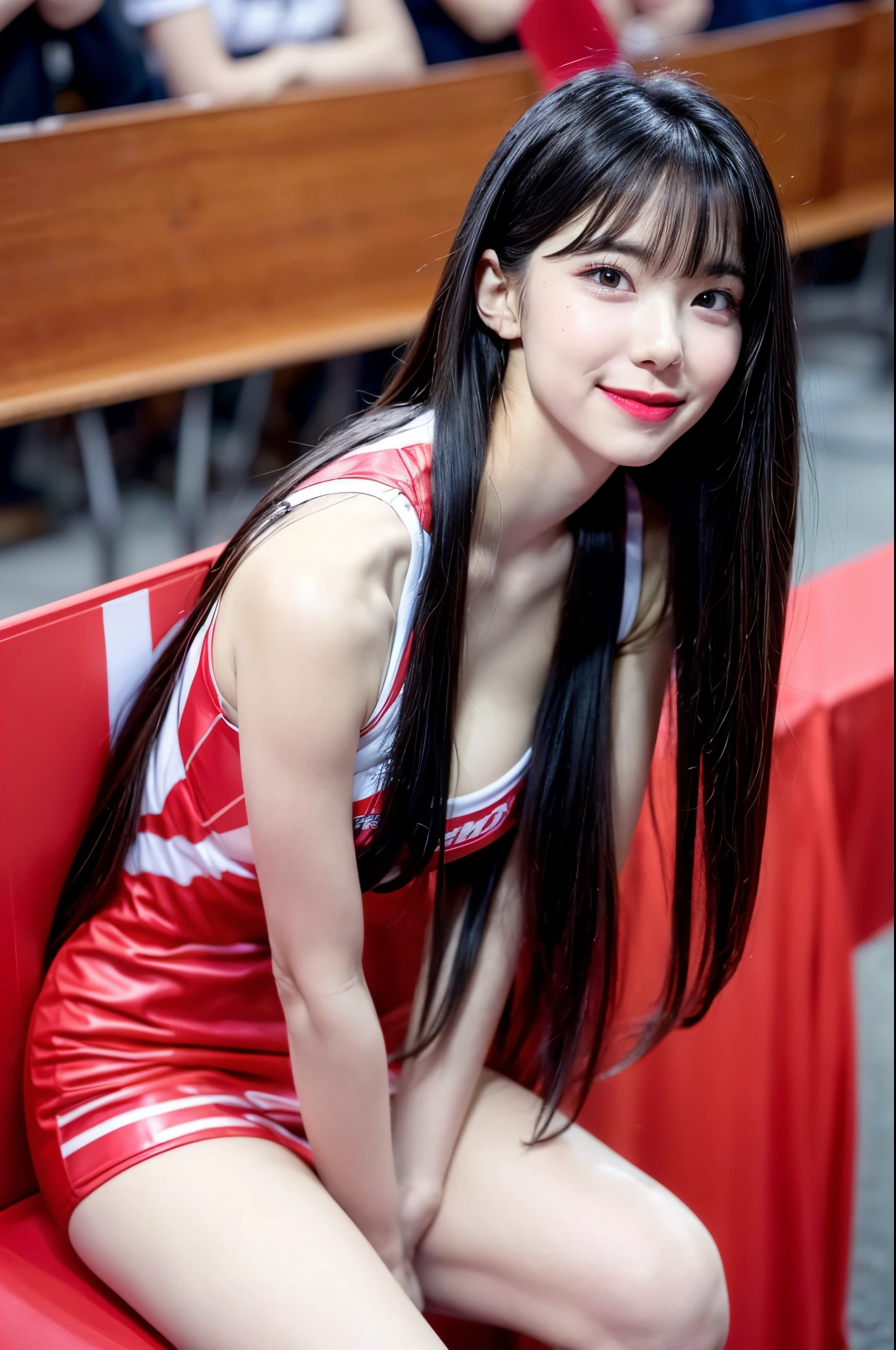 1girll, (Original photo, Best quality), (((Shallow depth of field))), (Realistic medium size, Photographic realism: 1.6), Masterpiece, an extremely delicate and beautiful one, Extremely detailed, CG, uniform, 2k wallpapers, Stunning appearance, Fine details, Girly skin,subtle smiling, Extremely detailed CG uniform 8k wallpaper,Super super detailed, Super high resolution , Absurd, Soft lighting Next, (((Long hair : 1.3), short length bangs, Jet black hair, Floating hair NovaFrogStyle)), Beautiful detailed girl, Big breasts,Ultra-fine fingers,Perfect Finger,with perfect arms, Extremely detailed eyes and face, Beautifully detailed nose, Beautifully detailed eyes, Longer eyelashes, light in face, Audience, (Closed mouth: 1.2), Grow long hair, ((Lovely Medium Breast)), Young age, Mature face, (full bodyesbian: 1.3), ((Raised sexy)), Realistic Facial Expression, Realistic body, Slim body proportions,Place one hand behind your back, Beautiful slender thighs, Legs spread,The skin is delicate and smooth,(plumw),(fleshy feeling),(Anterior convex and posterior),Perfect ,NSFW:1.5,Cheerleading costumes,Facing the audience