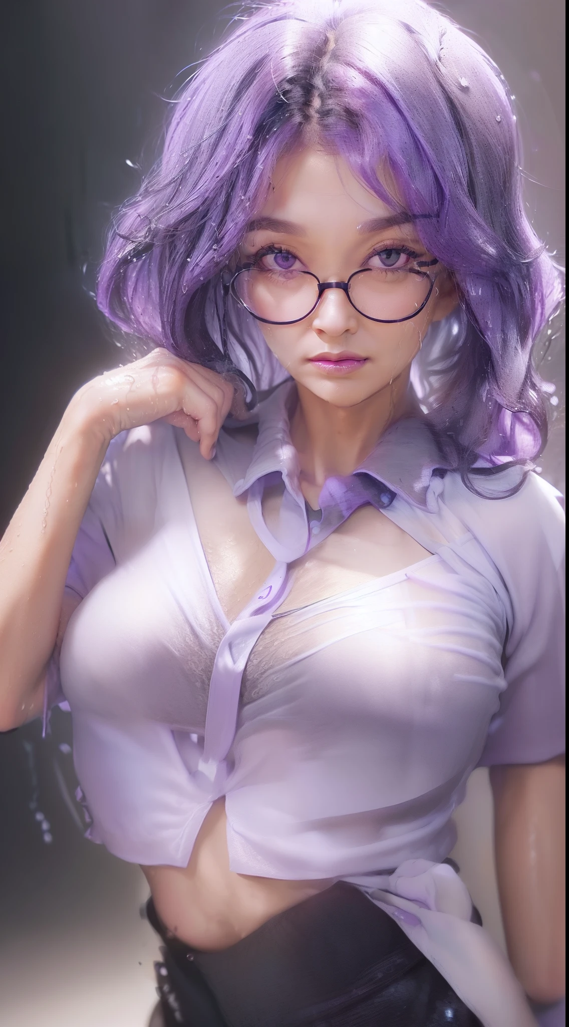 ((Very nice woman completely undressed)), ((in black open shirt: 1.5)), ((underwear), 40k, photography, masterpiece, best quality, gray background, ((purple eyes)), (purple hair), she wears glasses on her beautiful face, white skin, in a variety of poses, ((medium chest :1.4)), ((Very soft breasts)), malaysian face, Ultra-detailed face, Detailed eyes, ((( she is wet)))