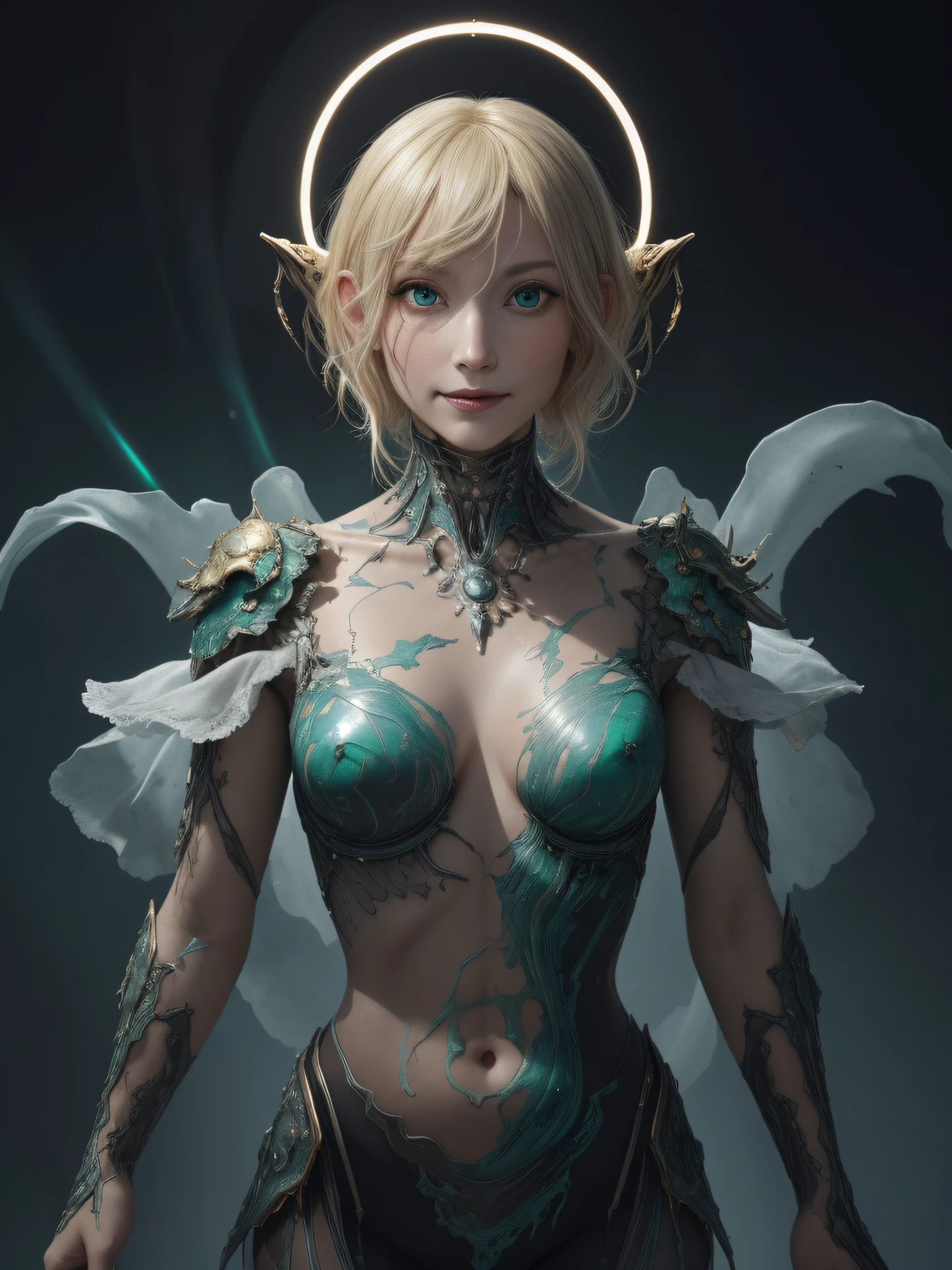 hightquality、8K、Ulutra HD、fullllbody、1 16-year-old female、Gentle smile、Rich facial expressions、beauty legs、robe blanche、Golden hair、Her eyes are emerald green、spotlight on face、mechanical black stage costume、(The background is Alien City、SF different world)、rays of moonlight、cute little、Beautiful fece、portlate、art by:Alberto Seveso、Abstract art style、Complex and intricate watercolor painting 、digitial painting、concept-art、Volumetric lighting、TanvirTamim、metal reflective、2d render、Art Germ、Trending on ArtStation