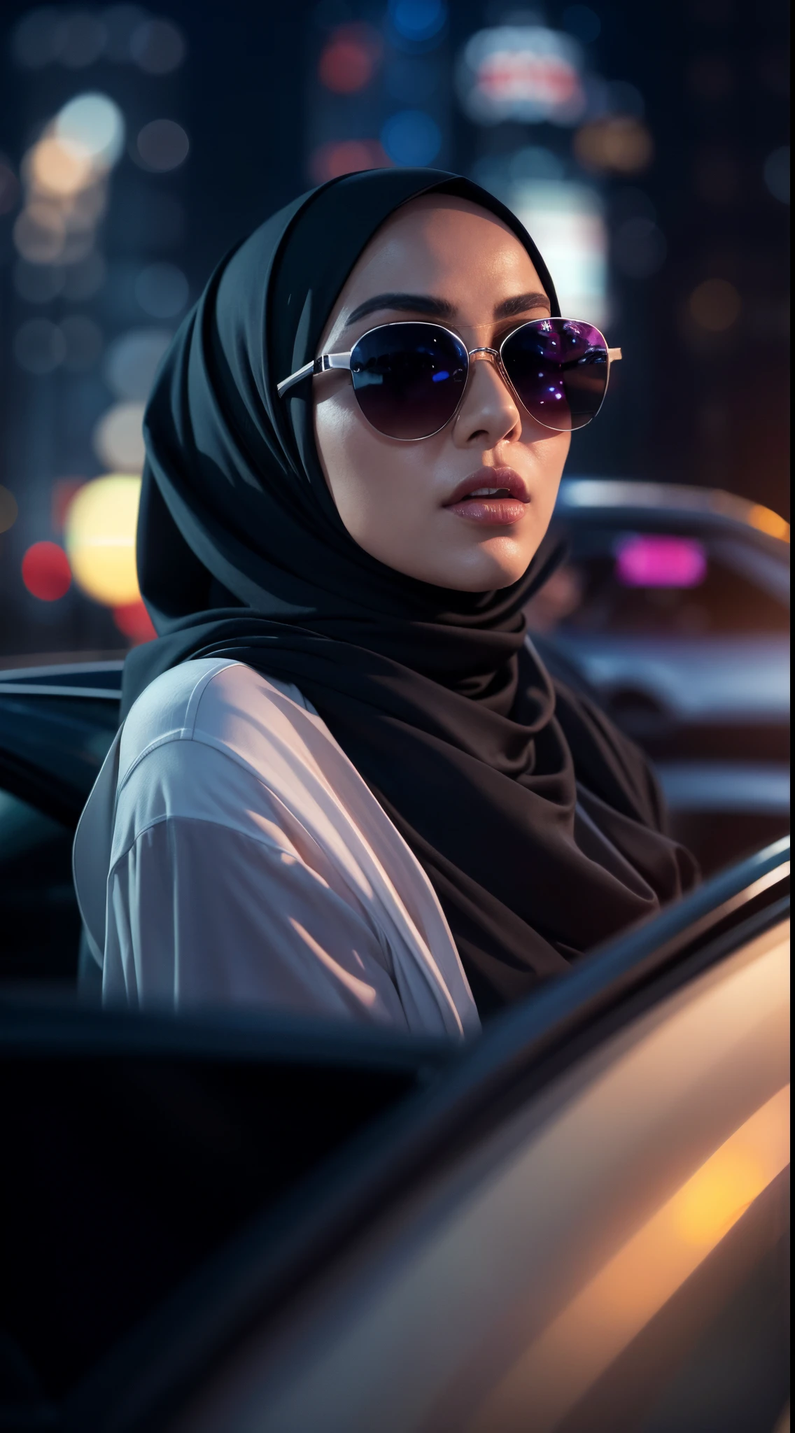 (masterpiece:1.2, best quality), 8k,Sharp focus, 1 cool adult woman in hijab posing in a sports car, long and messy hijab, Wearing sunglasses, Wearing a black suit with a white shirt and tie,Dynamic pose, Night city background with beautiful lighting, bokeh,