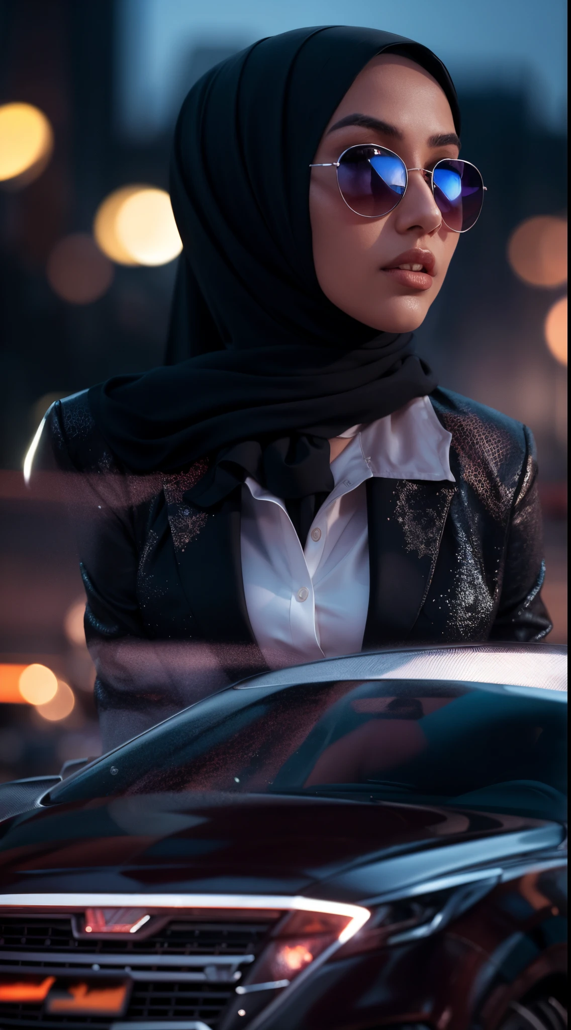 (masterpiece:1.2, best quality), 8k,Sharp focus, 1 cool adult woman in hijab posing in a sports car, long and messy hijab, Wearing sunglasses, Wearing a black suit with a white shirt and tie,Dynamic pose, Night city background with beautiful lighting, bokeh,