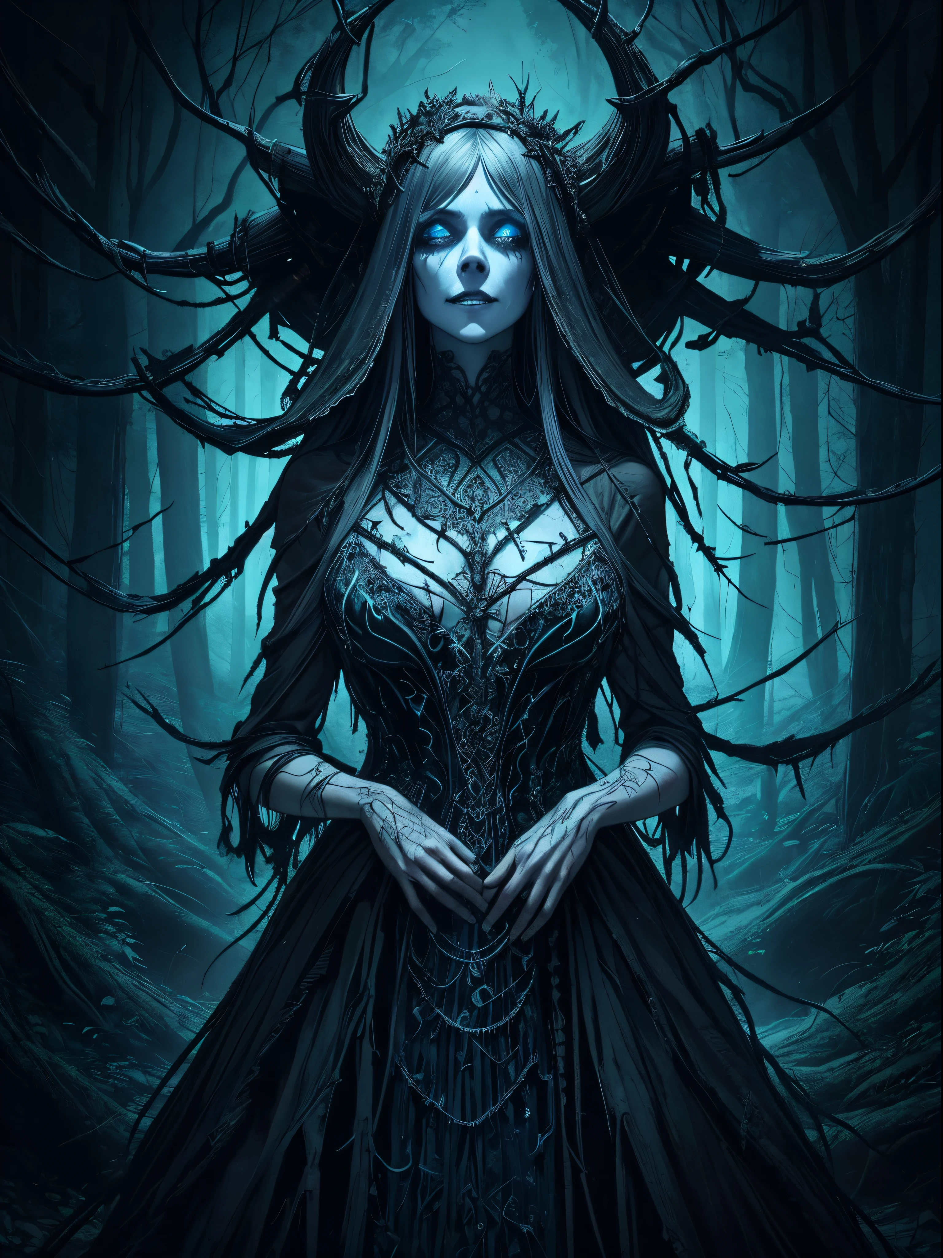 (masterpiece, best quality: 1.4), (beautiful, perfect, subtle, detailed, intricate, aesthetic: 1.2), (horror art: 1.2), (Apter style: 1.4), chilling abstract image, dark forest goddess, skeletal outline  through peeling flesh, visible veins pulsating with an eerie blue light, dressed in a dress woven from cobwebs and decorated with crawling worms, an evil grin revealing rows of razor-sharp teeth, the embodiment of primal horror, subdued lighting, perfect shading,