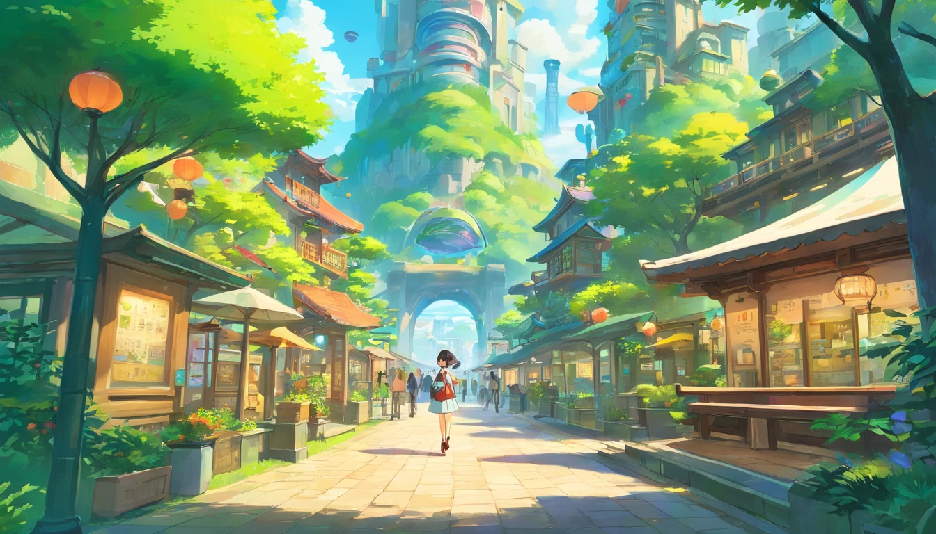 This is high resolution, A super detailed masterpiece with a watercolor touch, wear a trendy skirt、A young and energetic woman in her 20s appears without a weapon.。. Next door is a unique mascot character that is an anthropomorphic animal.. Located in a vibrant environment。, Futuristic environment of Japanese city park, Fusion of natural elements and advanced technology. The park is full of urban nature、Seamlessly integrated with interactive digital installations。, Holographic elements, futuristic gadgets and architecture. This scene is、It should capture the essence of the urban landscape of the near future, where digital advances will improve daily life.。. This represents the central story of the game, Players embark on mystery-solving adventures with these detective characters。, Combining real-world exploration with AR technology.
