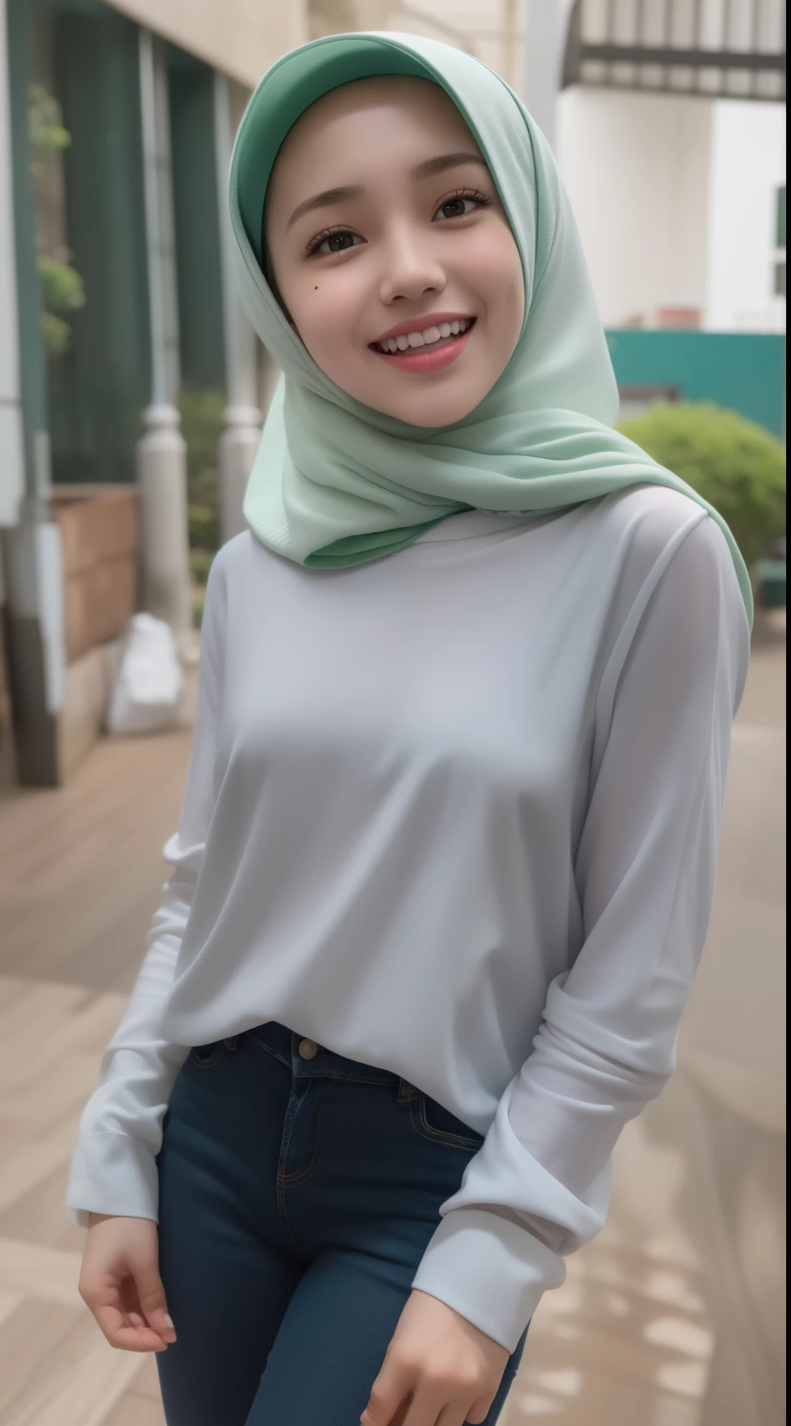 cute malay girl in white color hijab wearing big loose pastel green T shirt with white jeans jeans, in hijab, realistic face, smile, happy, big shirt, long sleeve, dark skin, skin texture, mole, brown skin, big sleeve, mira filzah face, wet skin, petite body, small breast, 4k, photography, cinematic, ray lighting, ((emma maembong)), skinny body, petite, small , outside, small tits, flat chest, front view, facing viewer, oversized shirt, abs exposed, slim abs, big hip,