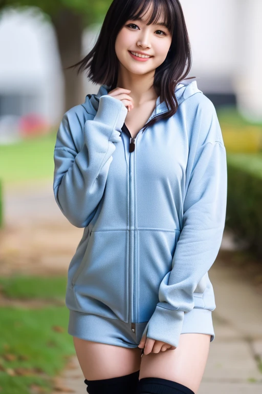 1 beautiful young girl, Super beautiful detailed face, Smile shyly, deep understanding:0.8), (oversized full zip hoodie:1.3), (shorter pants), (kneehigh boots), hime cut hair, (delicated face:1.2), high qulity, actual, extremely detaild的 CG unified 8k wallpapers, The is very detailed, High-definition RAW color photo, professional photoshooting, Realistic portraits, 电影灯光, Beautifully meticulous, super detailing, high detal, (((bokeh))), depth of fields, illuminating, rainbow, The same person, fleshy feeling, Take a sideways selfie, A high resolution, extremly high detail, NVIDIA RTX, 8K, HighDynamicRange,Attention to every detail, From her clothes to her surroundings,Glowing skin, The skin is wet and shiny!!, Realistic pear-shaped figure