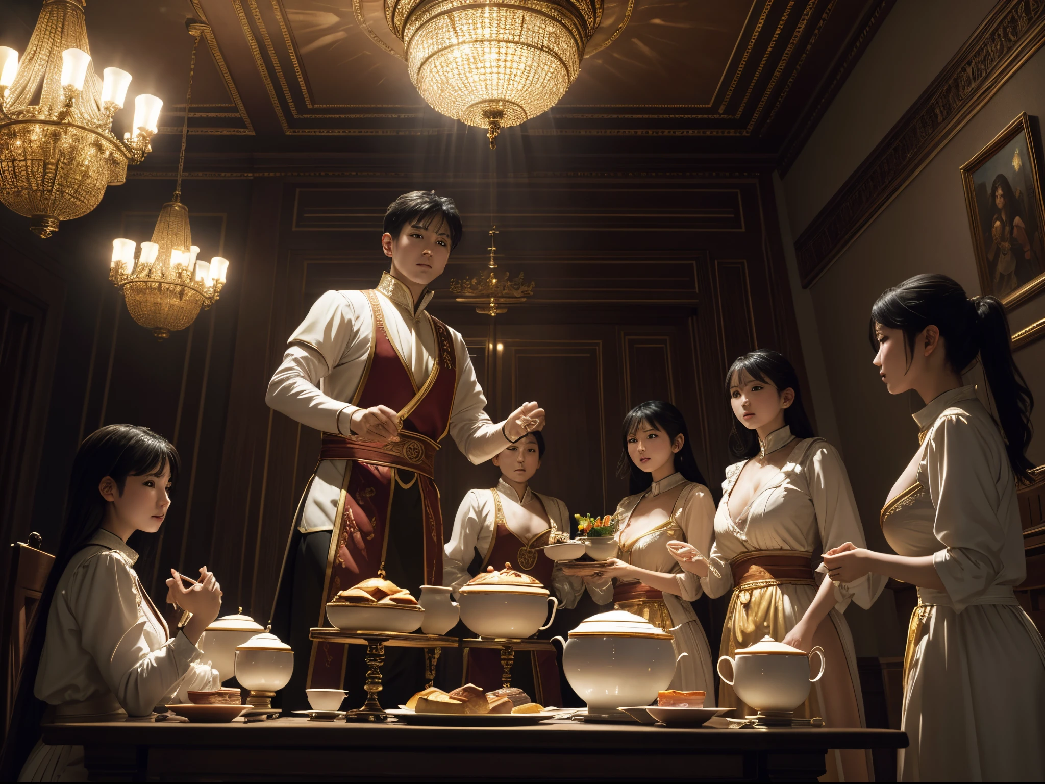 masterpiece, UHD, best quality, 8k, 16k, palace dining room, beautiful servants bring breakfast before master, cinematic lighting, God rays, full body, from below,