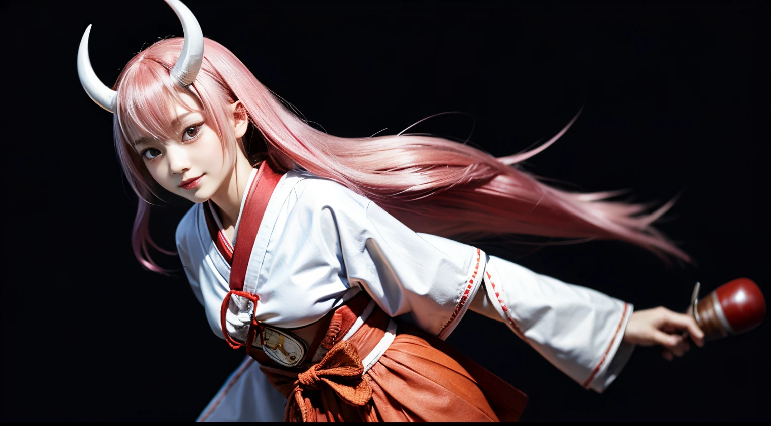 shuna, 1girl, arm behind back, hair ornament, hakama, hakama skirt, horns, japanese clothes, kimono, long hair, looking at viewer, miko, oni, oni horns, pink eyes, pink hair, red eyes, red hakama, red ribbon, ribbon-trimmed sleeves, ribbon trim, simple background, skirt, smile, solo, standing, very long hair, white background, white, white horn, white shirt, red skirt