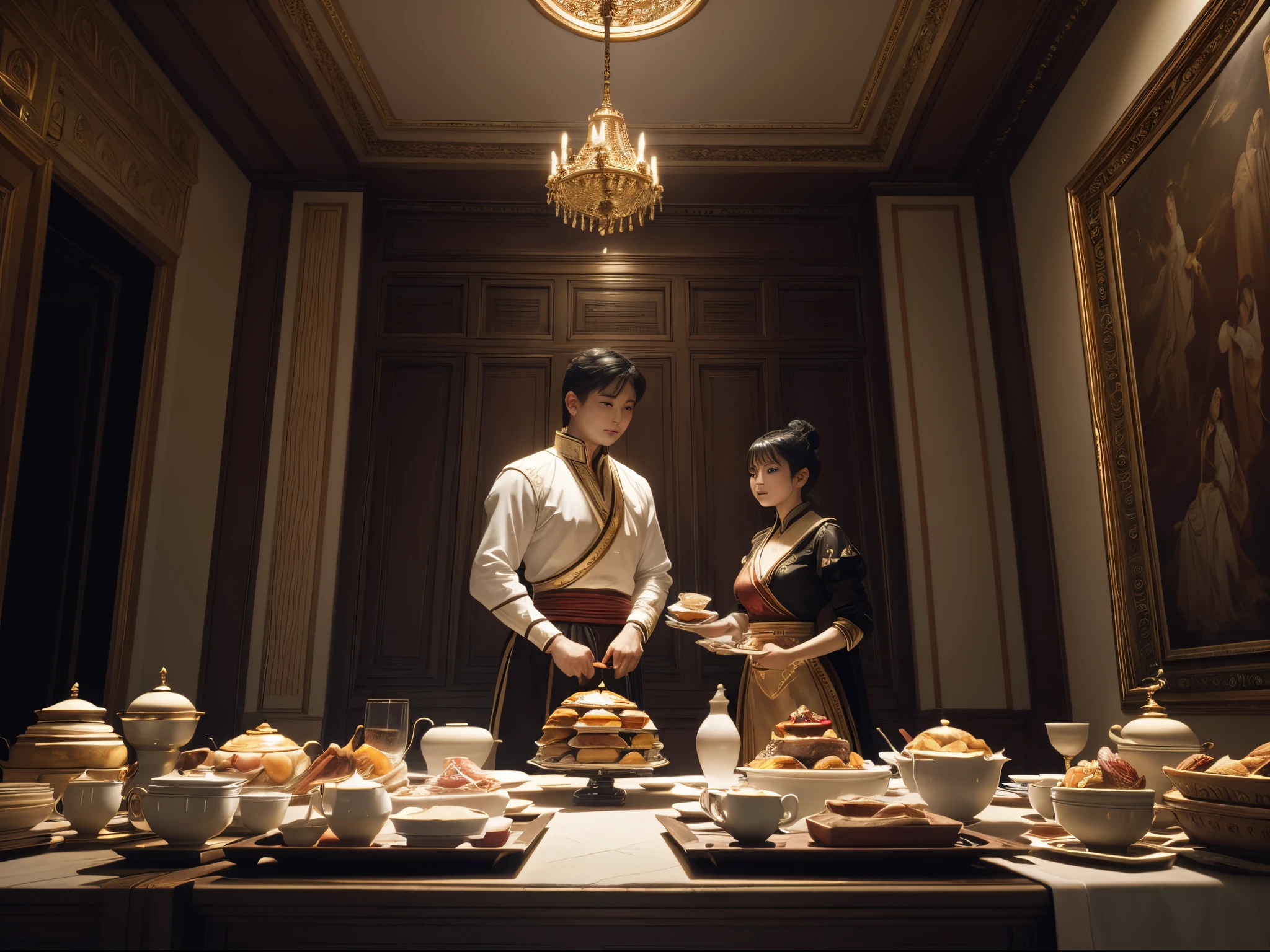 masterpiece, UHD, best quality, 8k, 16k, palace dining room, beautiful servants bring breakfast before master, cinematic lighting, God rays, full body, from below,