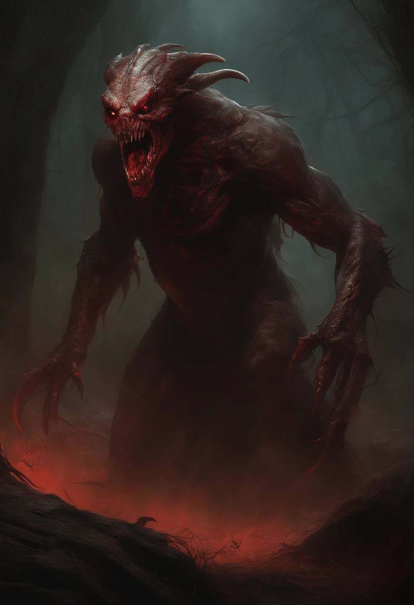 A painting of a demonic creature with a bloodied face and a bloodied head, carnage, Sci - Horror Art of Fiction, Science fiction horror artwork, inspired by Aleksi Briclot, Crocs de carnage, Horror fantasy art, par Aleksi Briclot, Horror concept art, venin, Art fantastique et horreur, Detailed illustration of 4K horror, Demonic creature, Dark Fantasy Horror Art