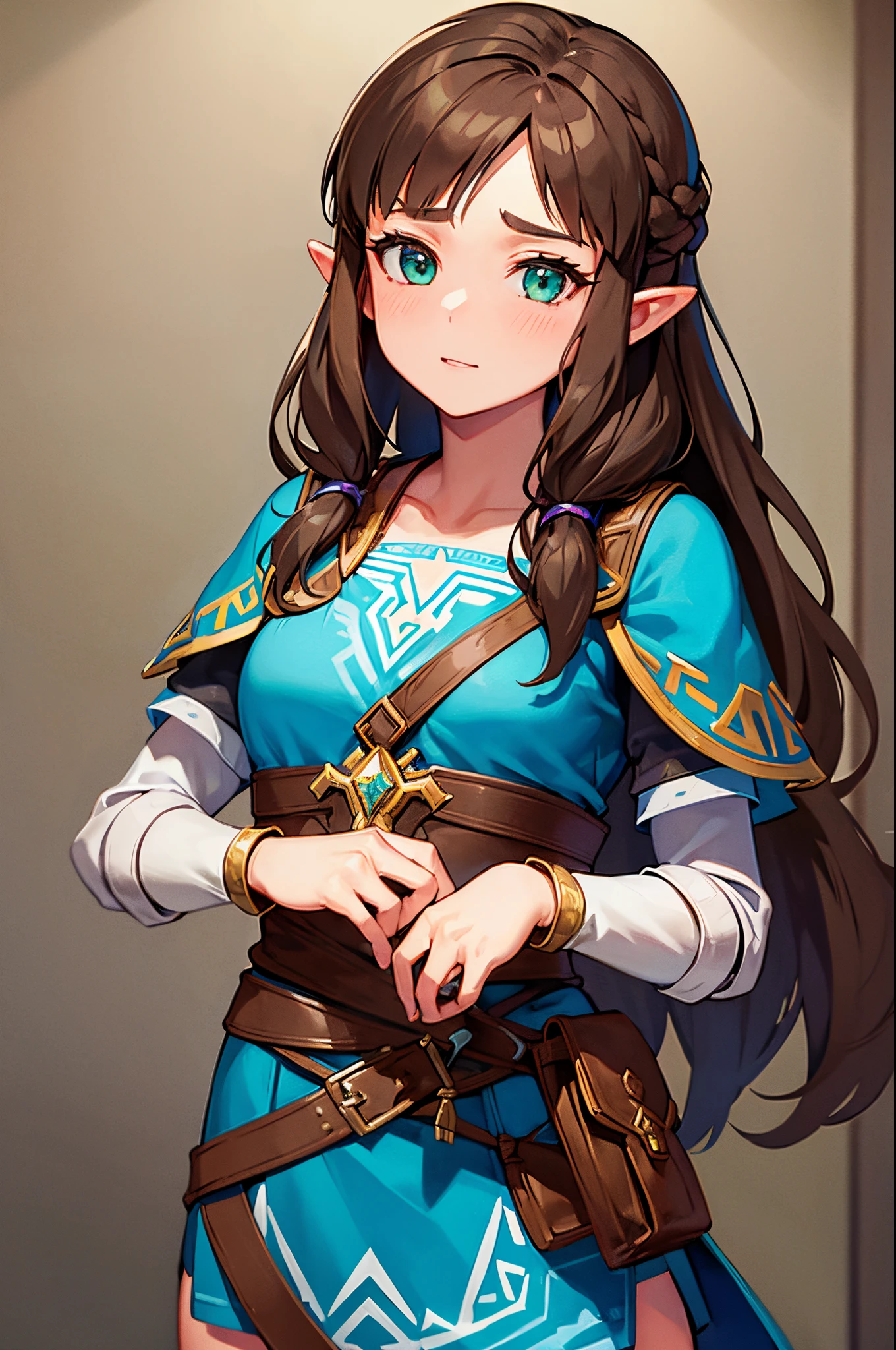1girl, zelda breath of the wild, cute, dark brown hair, green eyes, long hair