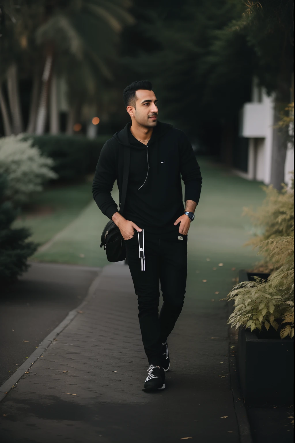 arafed man walking down a sidewalk with a camera in his hand, casual photography, full body photogenic shot, mid shot portrait, wearing black modern clothes, shot on canon eos r5, shot on canon eos r 5, cinematic full body shot, cinematic outfit photo, portrait full body, mohamed chahin style, wearing in black clothes, wearing black clothes