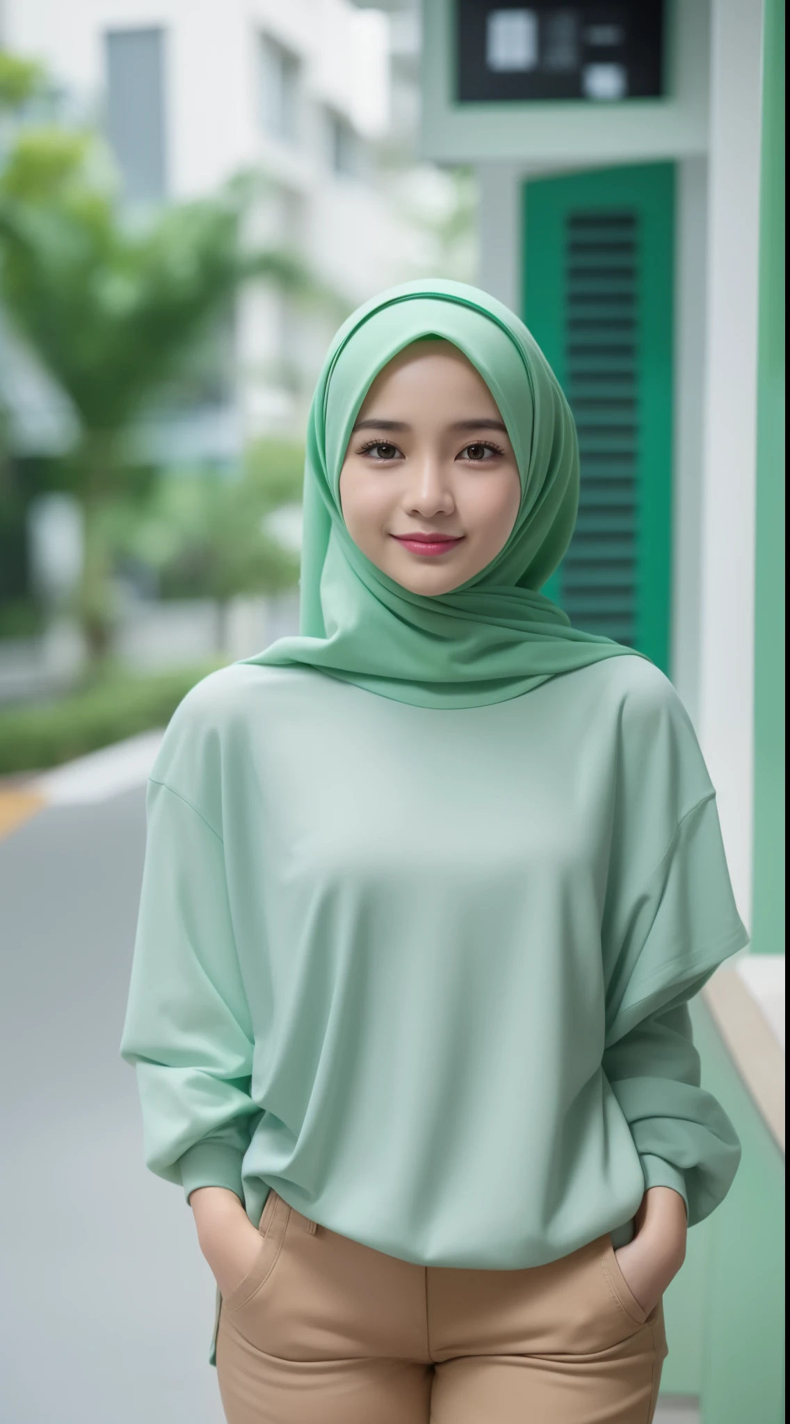 cute malay girl in white color hijab wearing big loose pastel green T shirt with white jeans jeans, in hijab, realistic face, smile, happy, big shirt, long sleeve, dark skin, skin texture, mole, brown skin, big sleeve, mira filzah face, wet skin, petite body, small breast, 4k, photography, cinematic, ray lighting, ((emma maembong)), skinny body, petite, small , outside, small tits, flat chest, front view, facing viewer, oversized shirt, abs exposed, slim abs, big hip,